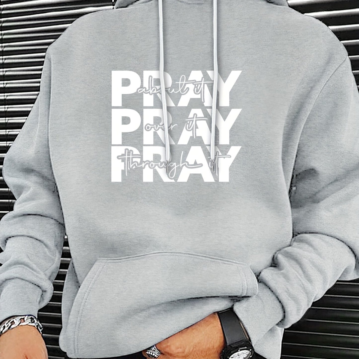 Mens Pray Graphic Hoodie Cozy Polyester Kangaroo Pocket