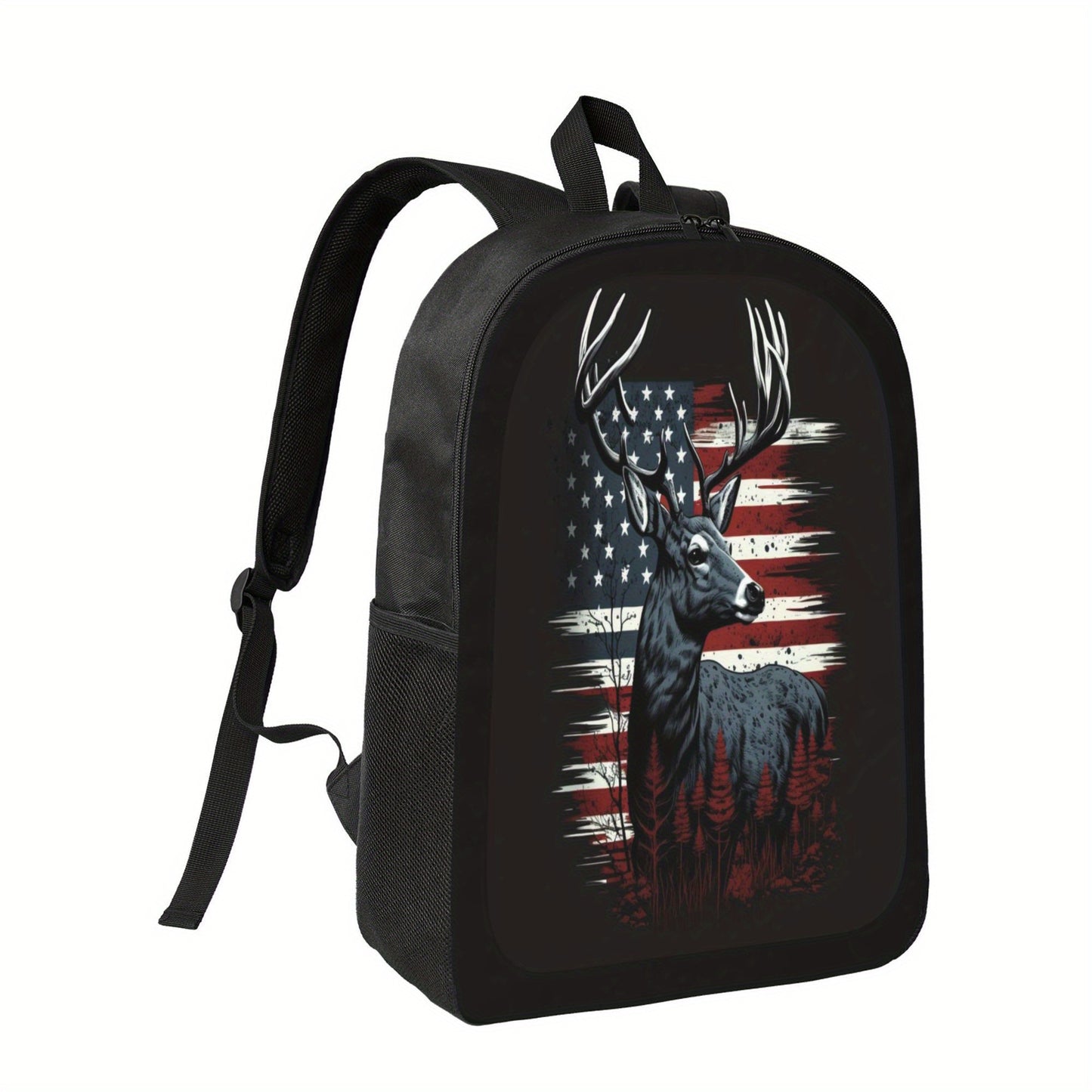 Stylish Black Backpack with Patriotic Deer Design