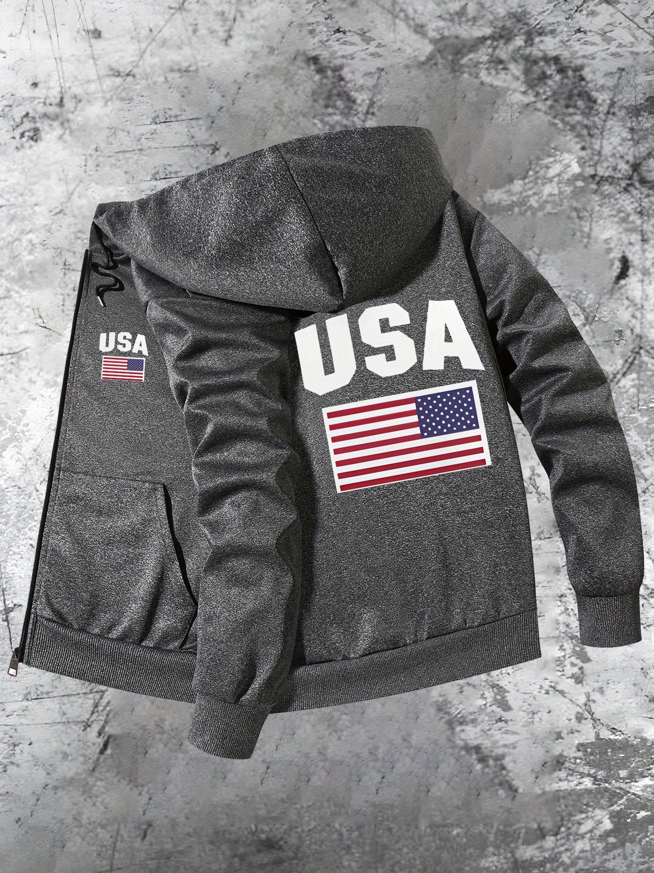Patriotic USA Flag Print Hooded Slim Fit Jacket Zip Up