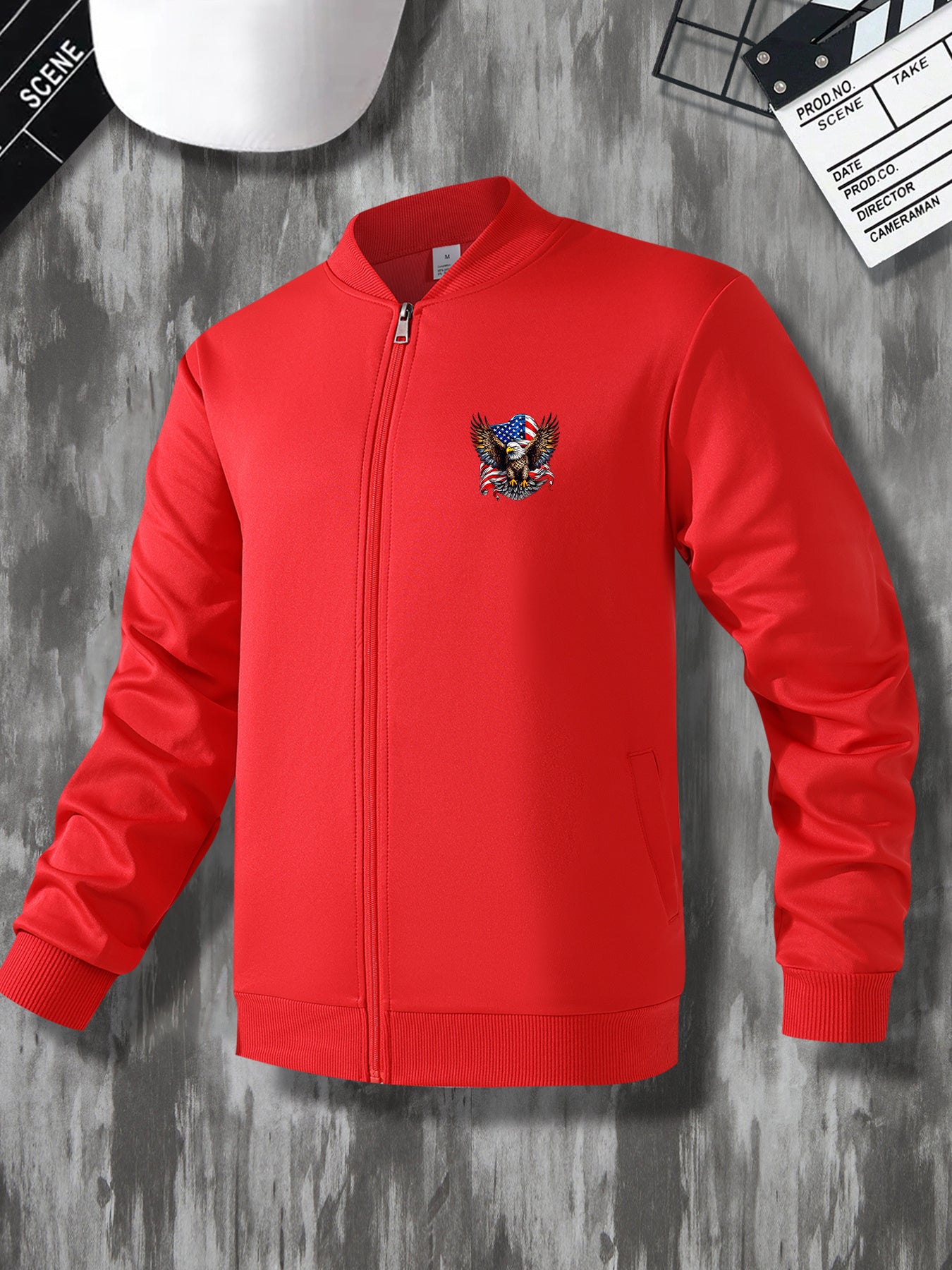 Casual Stand Collar Zippered Eagle Flag Emblem Print Jacket
