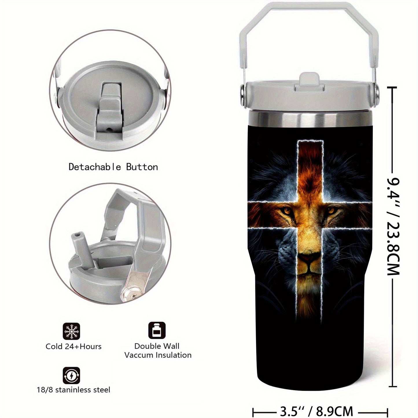 30oz Jesus Lion Cross Tumbler, Insulated Travel Mug with Spill-Proof Lid