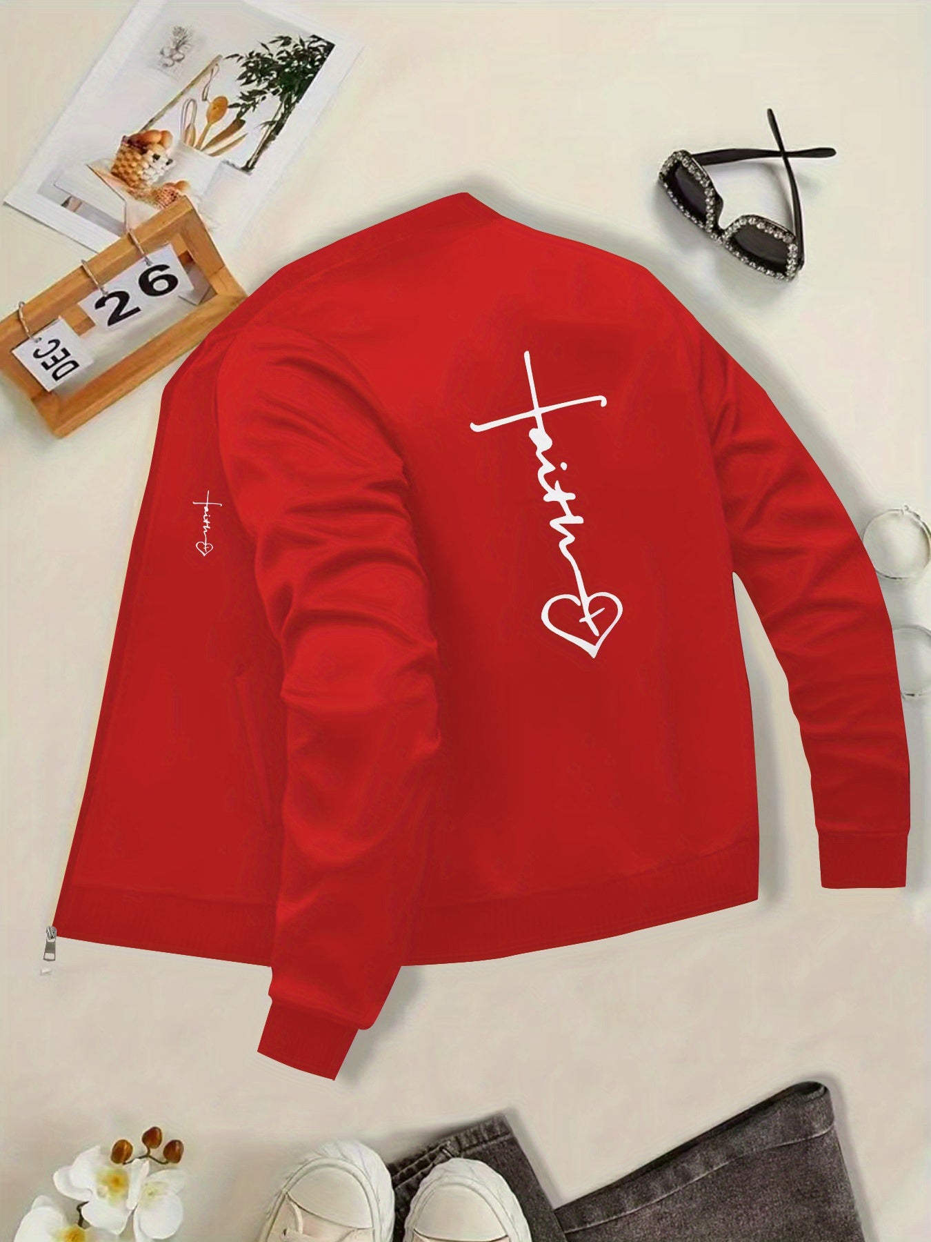 IHDP Faith Heart Print Casual Jacket Stand Collar ZipUp