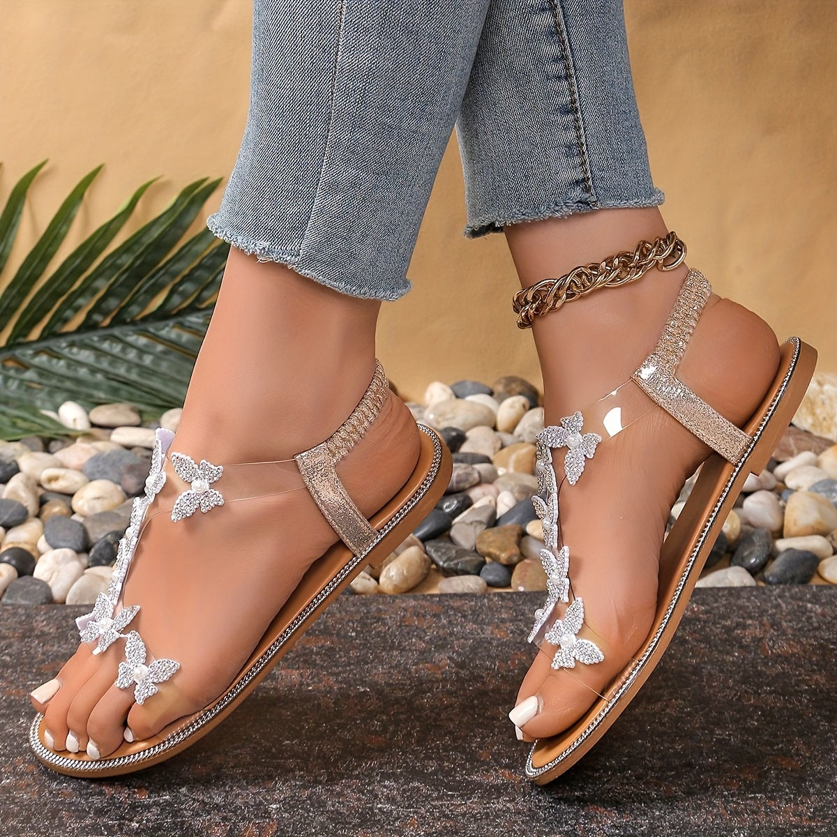 Women’s Elegant Rhinestone Butterfly Flat Sandals Beige Tan