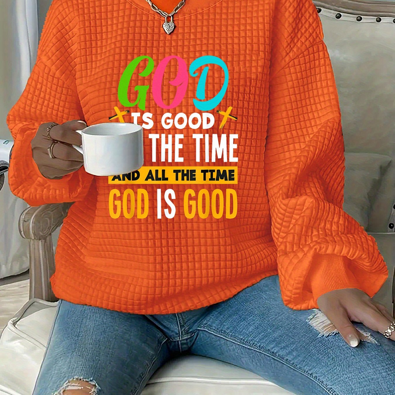 In His Divine Power Faith Graphic Knit Sweatshirt Casual