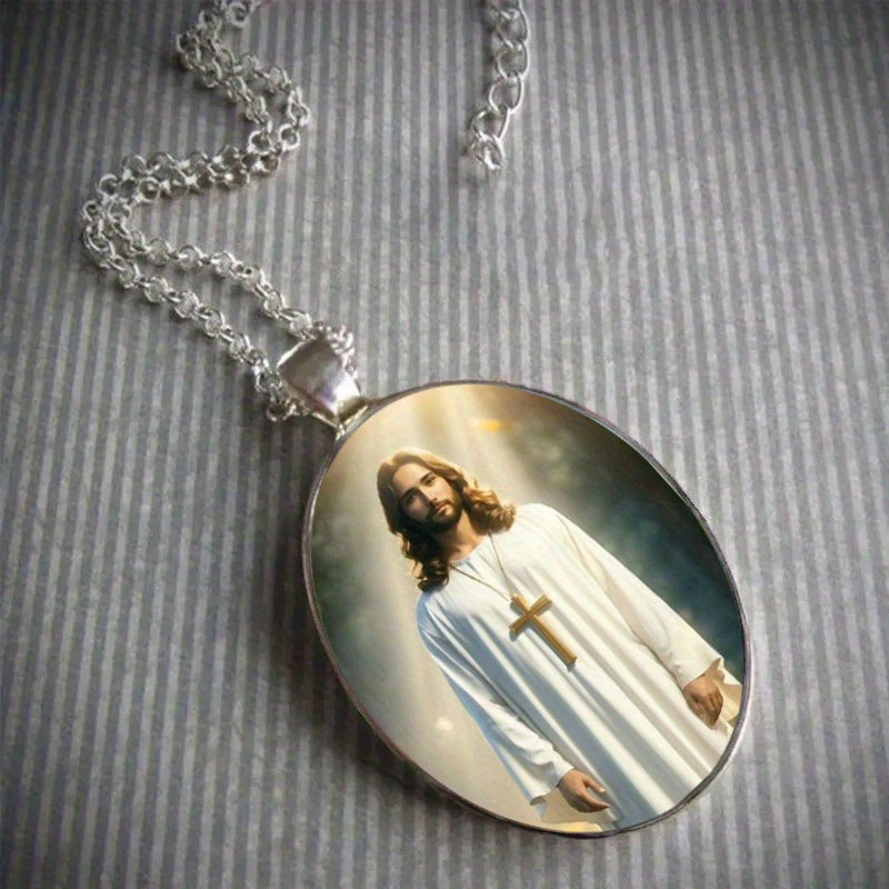 Vintage Glass Oval Pendant Necklace Jesus Cross Pattern