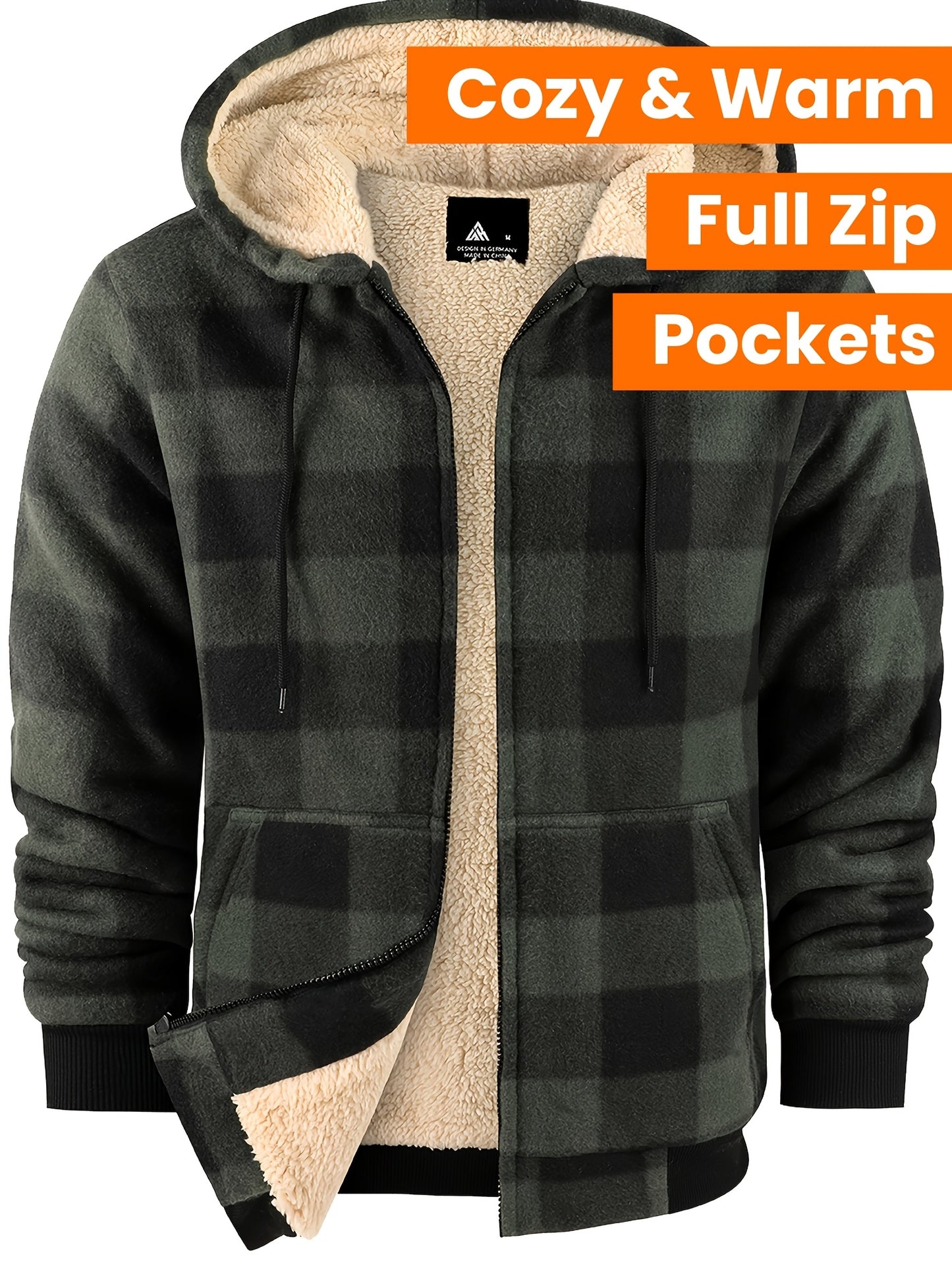 Divine Power Mens Plaid Fleece Hooded Jacket With Zipper
