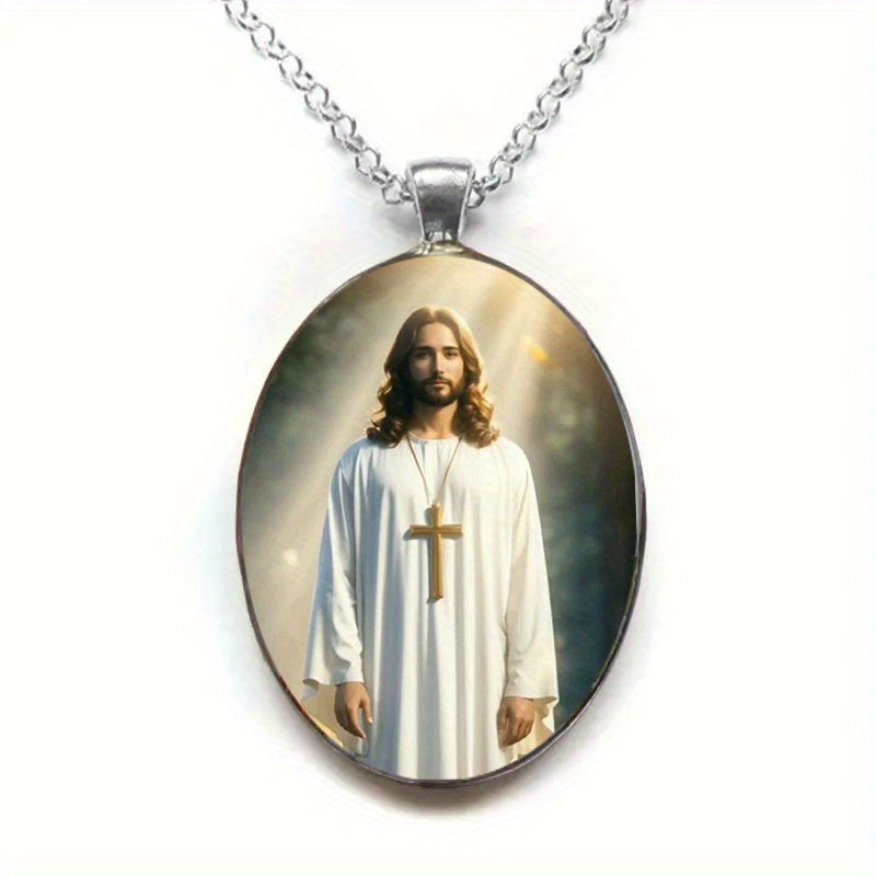 Vintage Glass Oval Pendant Necklace Jesus Cross Pattern