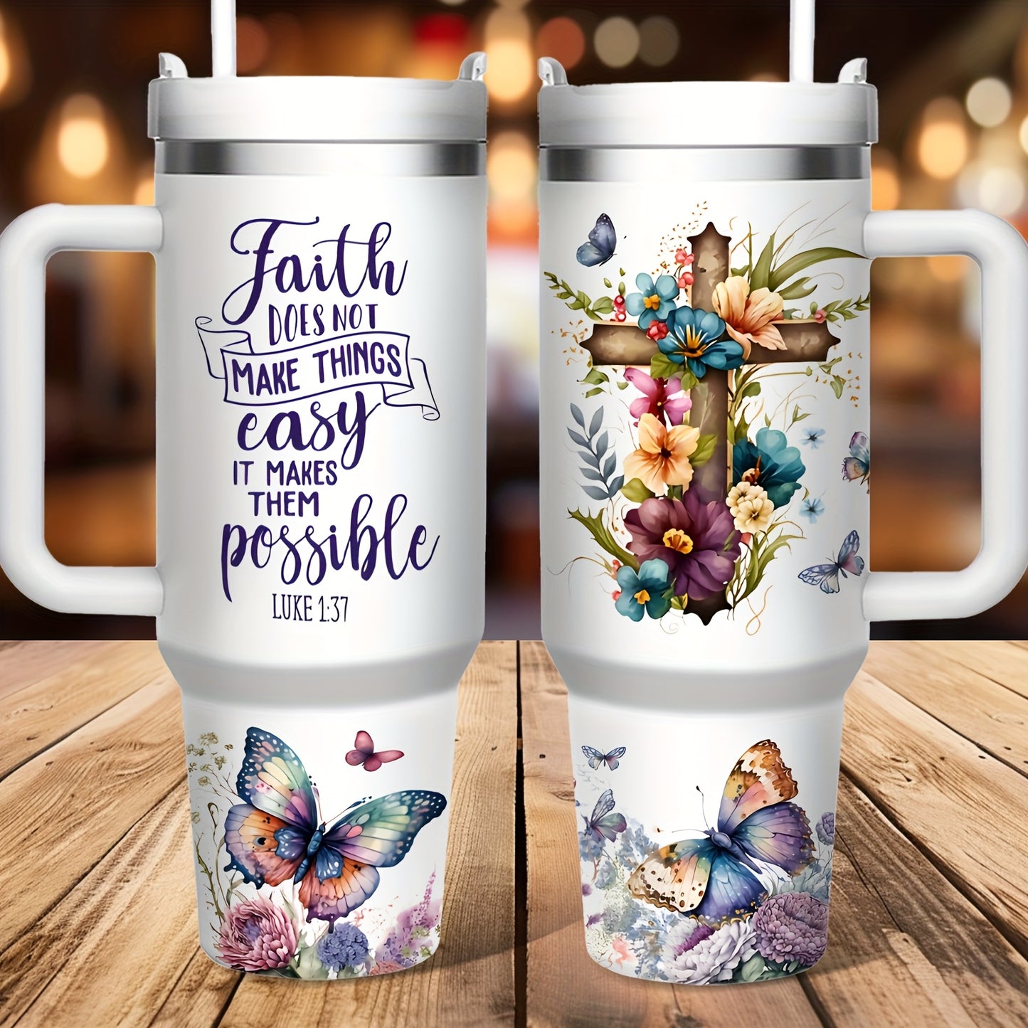 40oz Stainless Steel Insulated Coffee Cup with Lid & Straw - "Faith Doesn't Make Things Easy..."