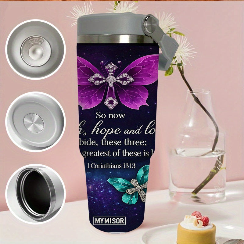 30oz Stainless Steel Tumbler with Straw & Handle, Purple Glitter, I Peter 1:3