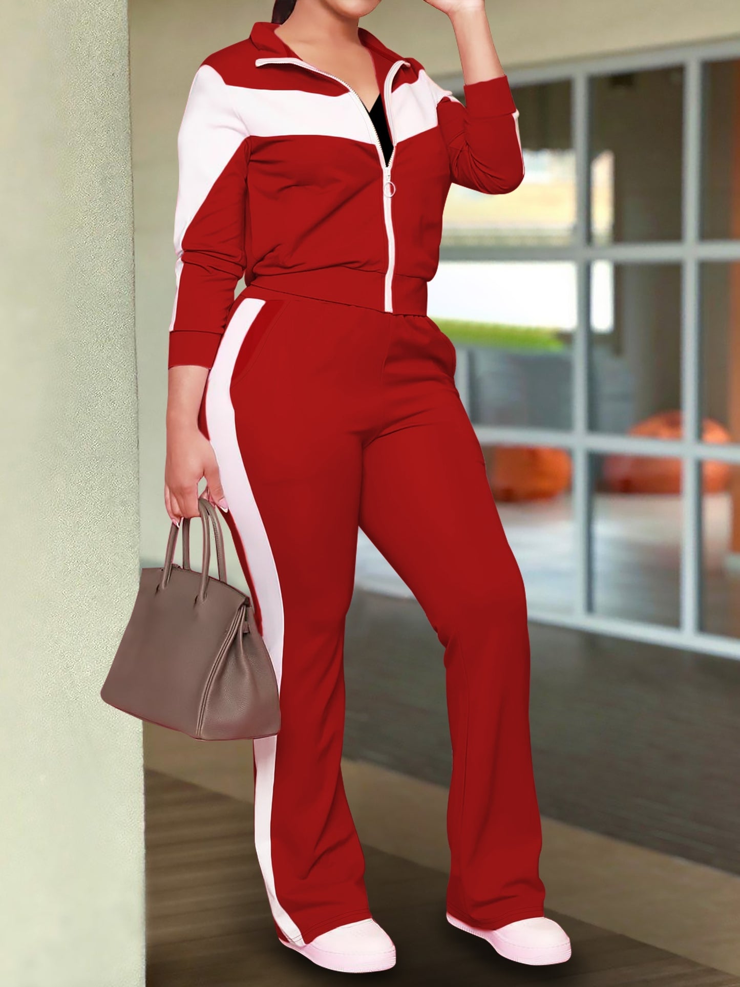 Women Fashion Sports Zip Up Jacket Casual Pants Set