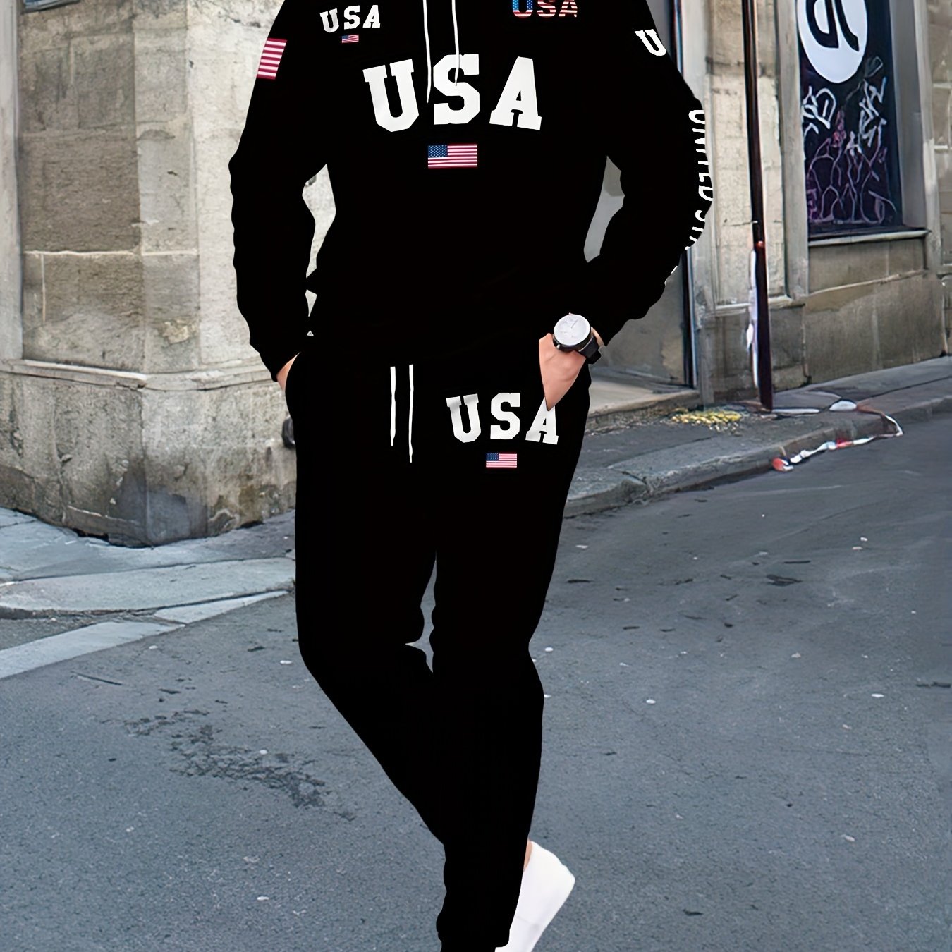 Hooded Polyester Joggers Sweatsuit Set for Casual Men