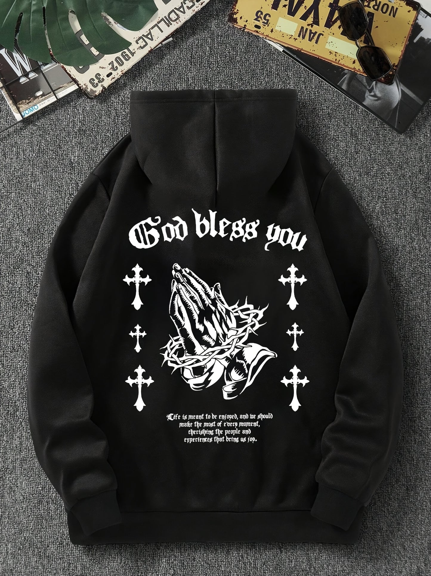 Men's Polyester Hoodie with God Bless You Graphic