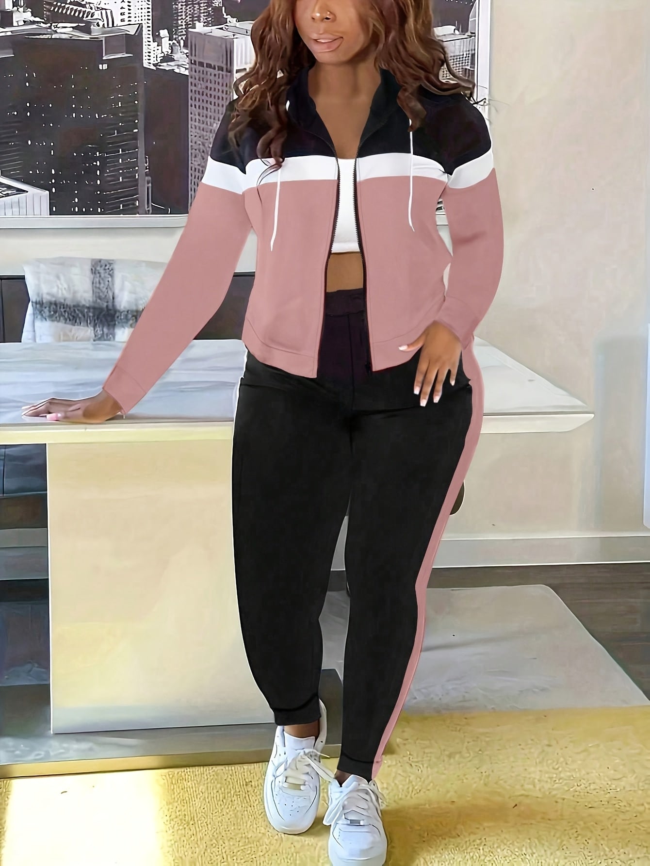Women's Casual Striped Hooded Jacket And Pants Track Suit