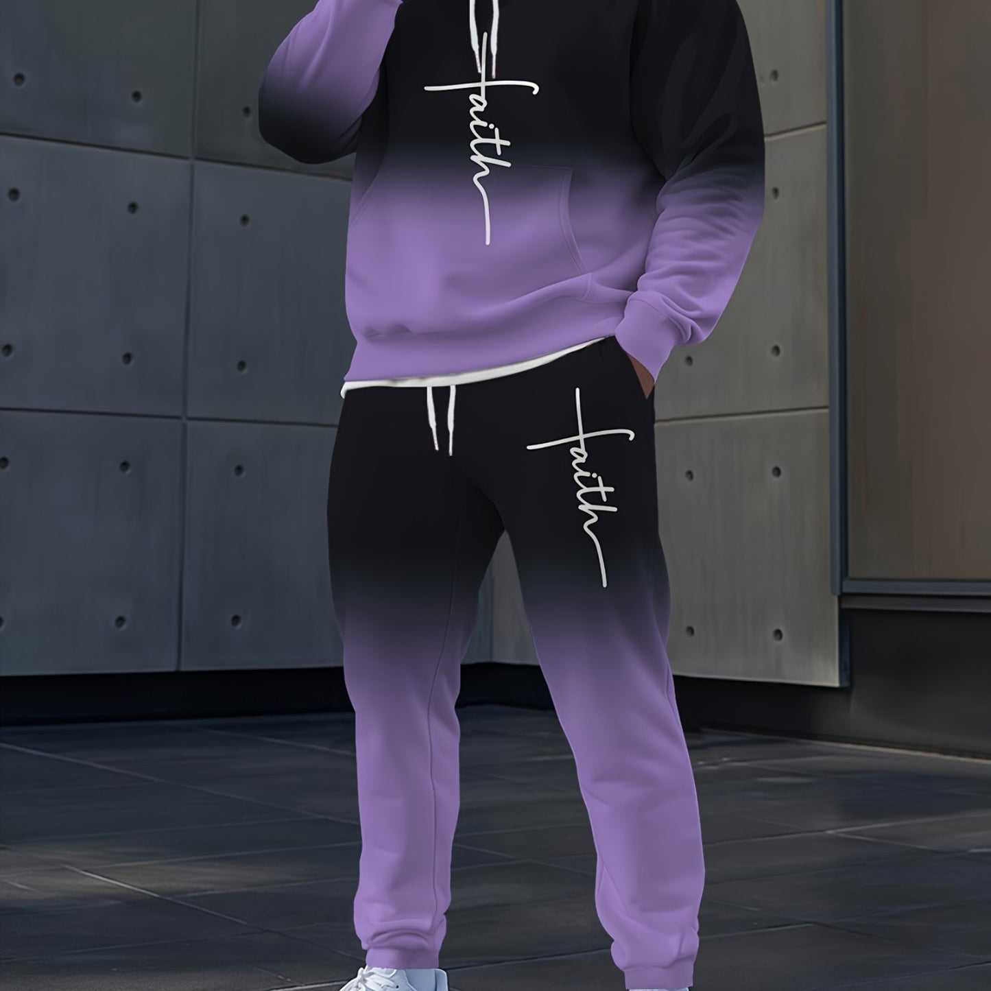 Gray Gradient Full-Body Print Hoodie & Sweatpants Set - Casual Long Sleeve Pullover