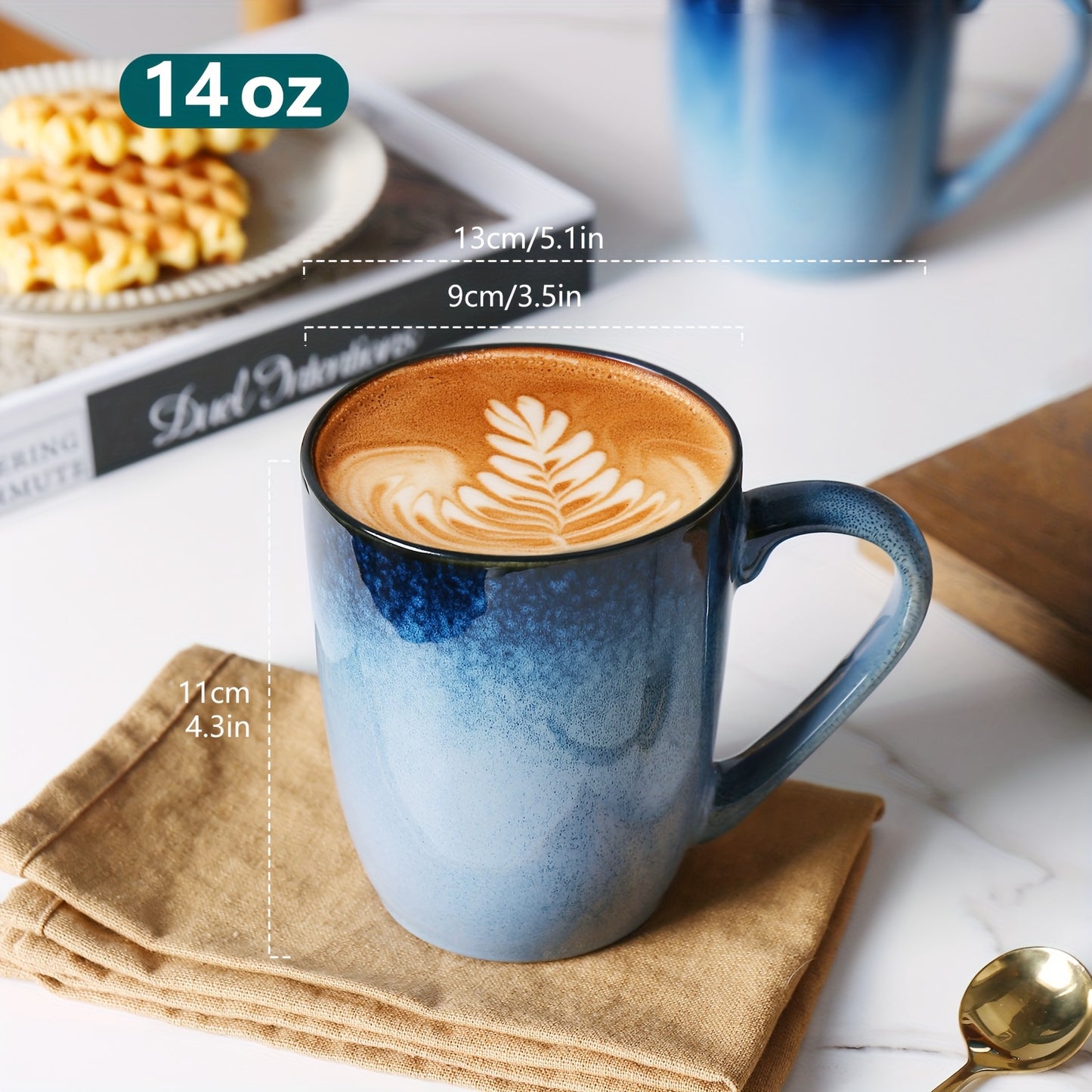 6pcs Set of Blue Ceramic Mugs 14oz, Durable, Stain Resistant, Elegant And Unique Ceramic Mugs