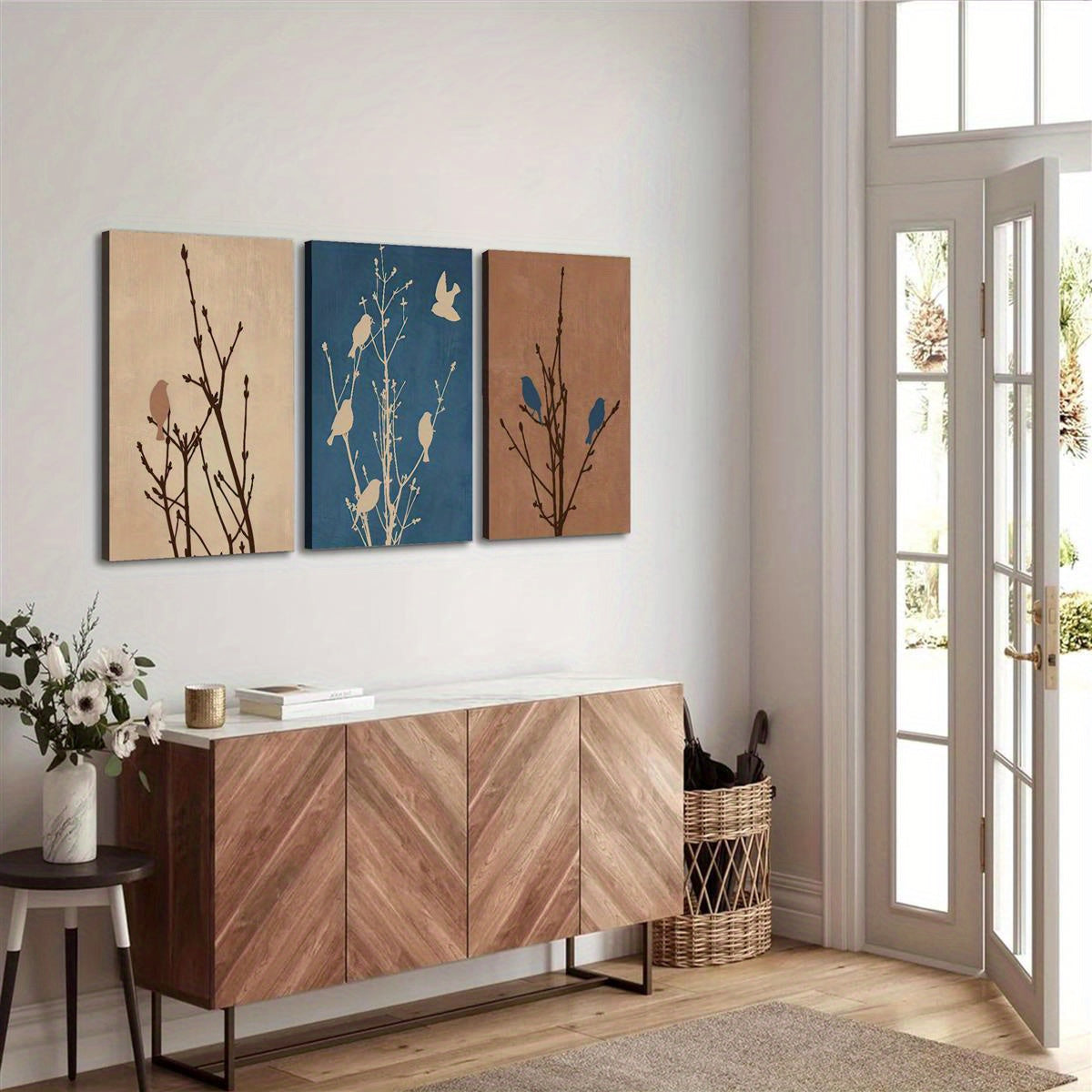 3 Pieces 2D Flat Bird Perch Art Decoration Wrapped Canvas Wall Art