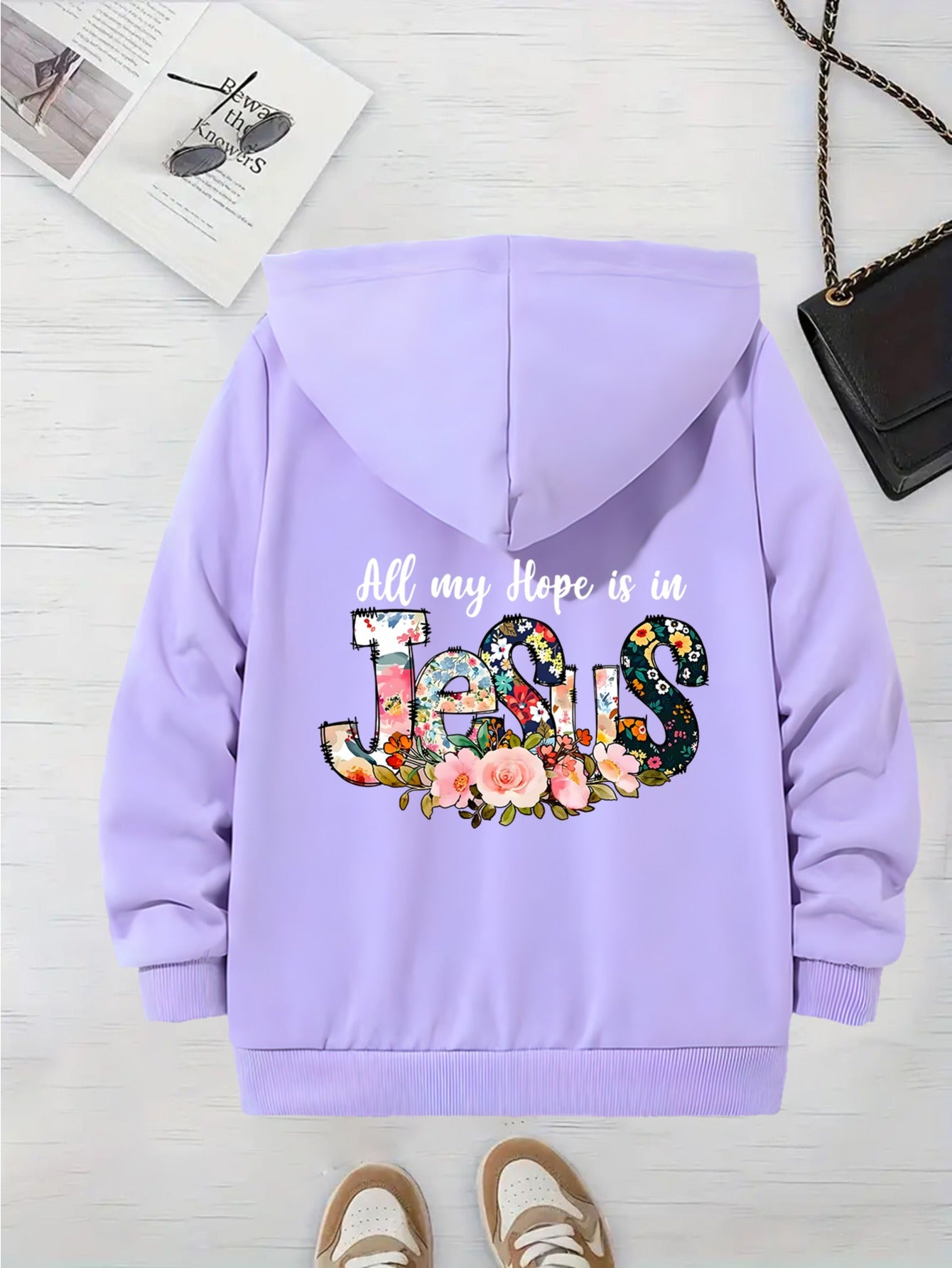 Long Sleeve Hooded Zip Up Sweatshirt With Jesus Print