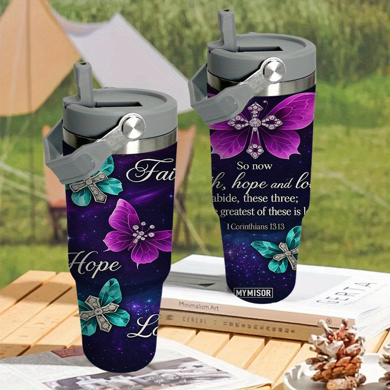 30oz Stainless Steel Tumbler with Straw & Handle, Purple Glitter, I Peter 1:3