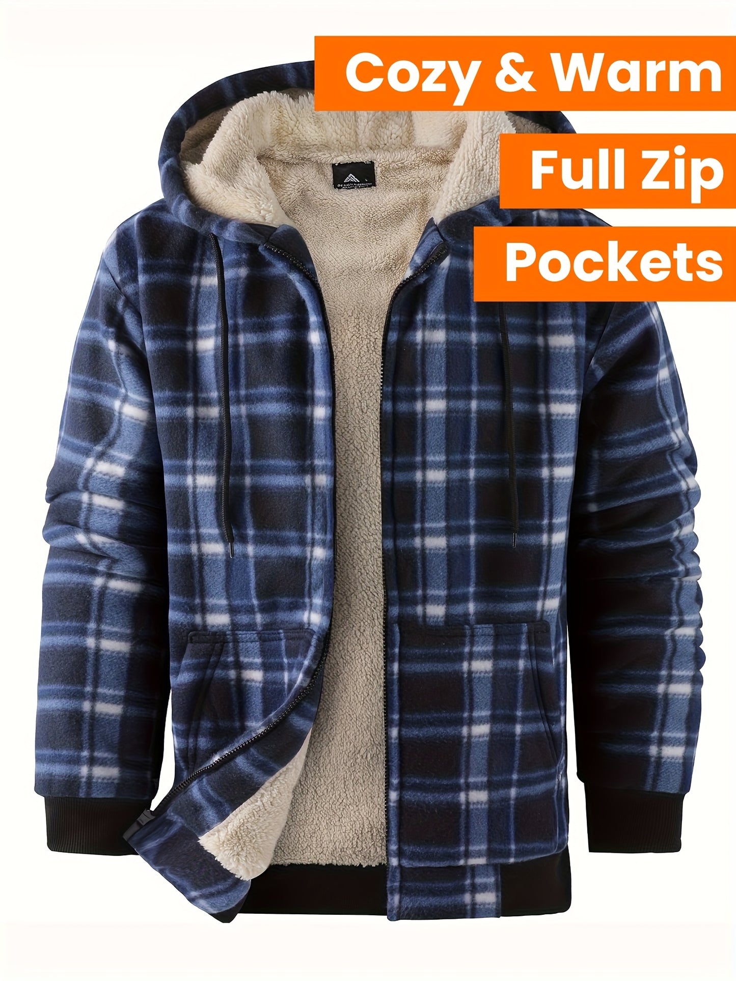 Divine Power Mens Plaid Fleece Hooded Jacket With Zipper
