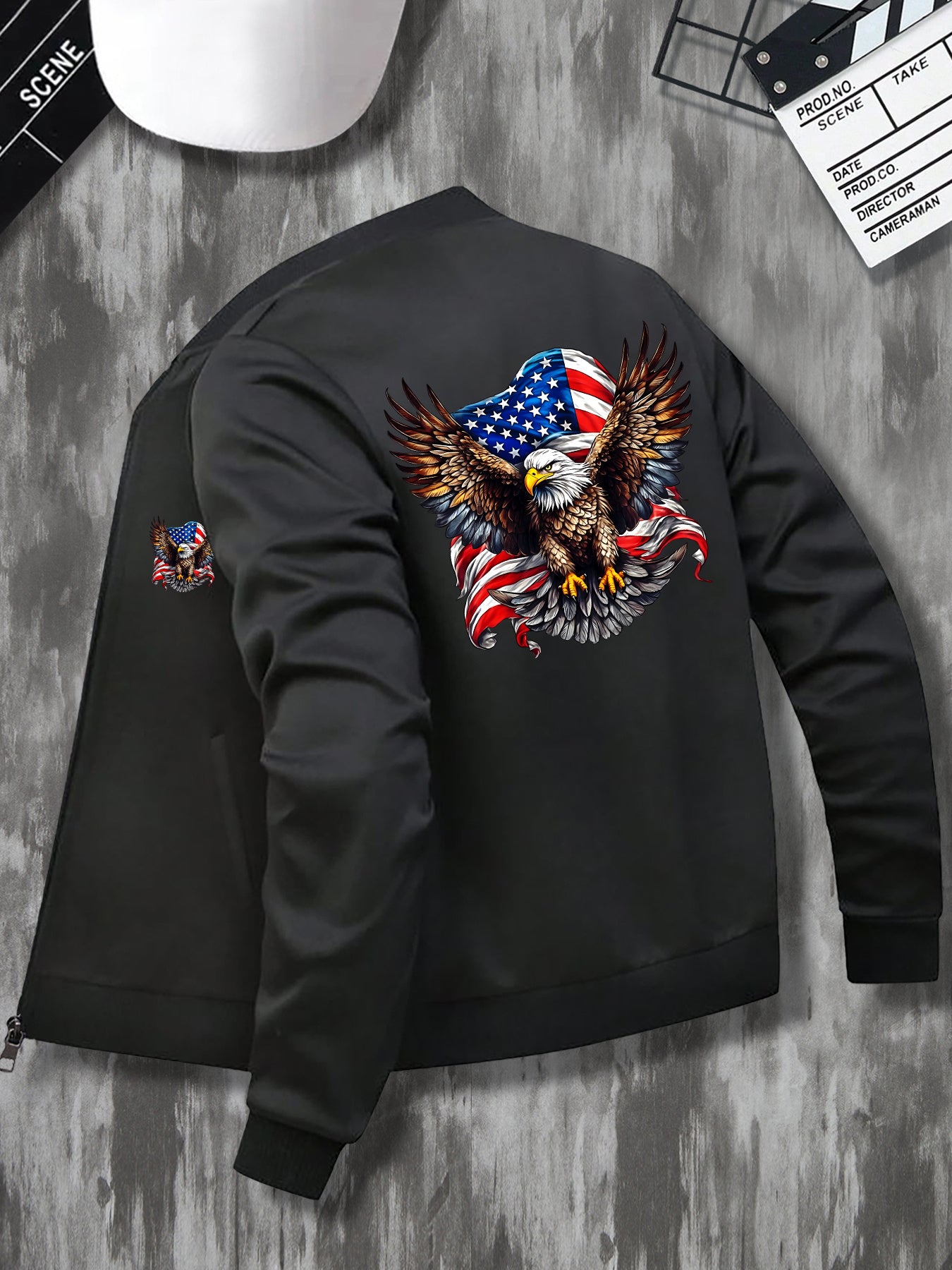Casual Stand Collar Zippered Eagle Flag Emblem Print Jacket