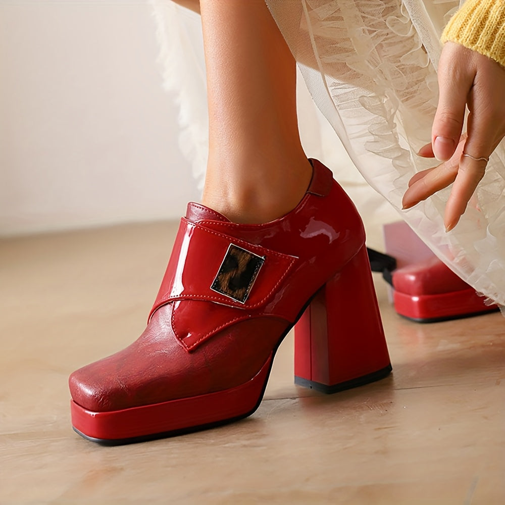 Women's Red PU Cover Mary Jane Dress Pumps High Heel Block Heel
