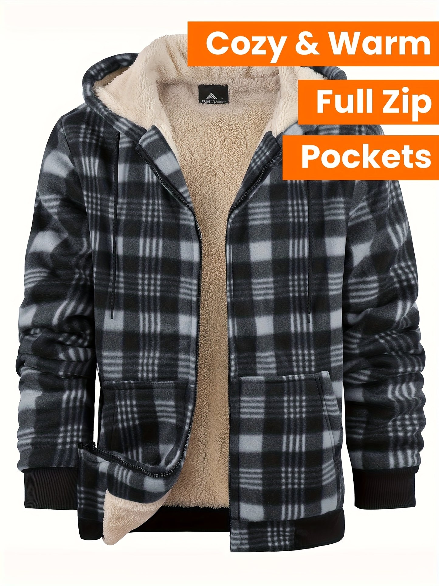 Divine Power Mens Plaid Fleece Hooded Jacket With Zipper