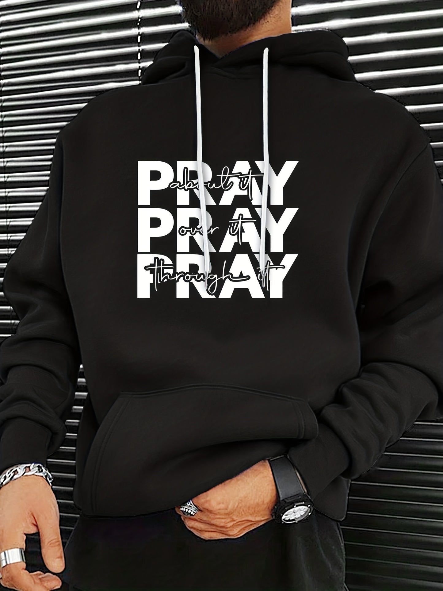 Mens Pray Graphic Hoodie Cozy Polyester Kangaroo Pocket