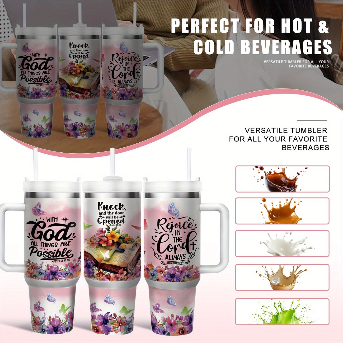 1pc 40 Ounces Insulated Stainless Steel Coffee Mug Water Bottle, "with God All Things Are Possible" - Large Capacity