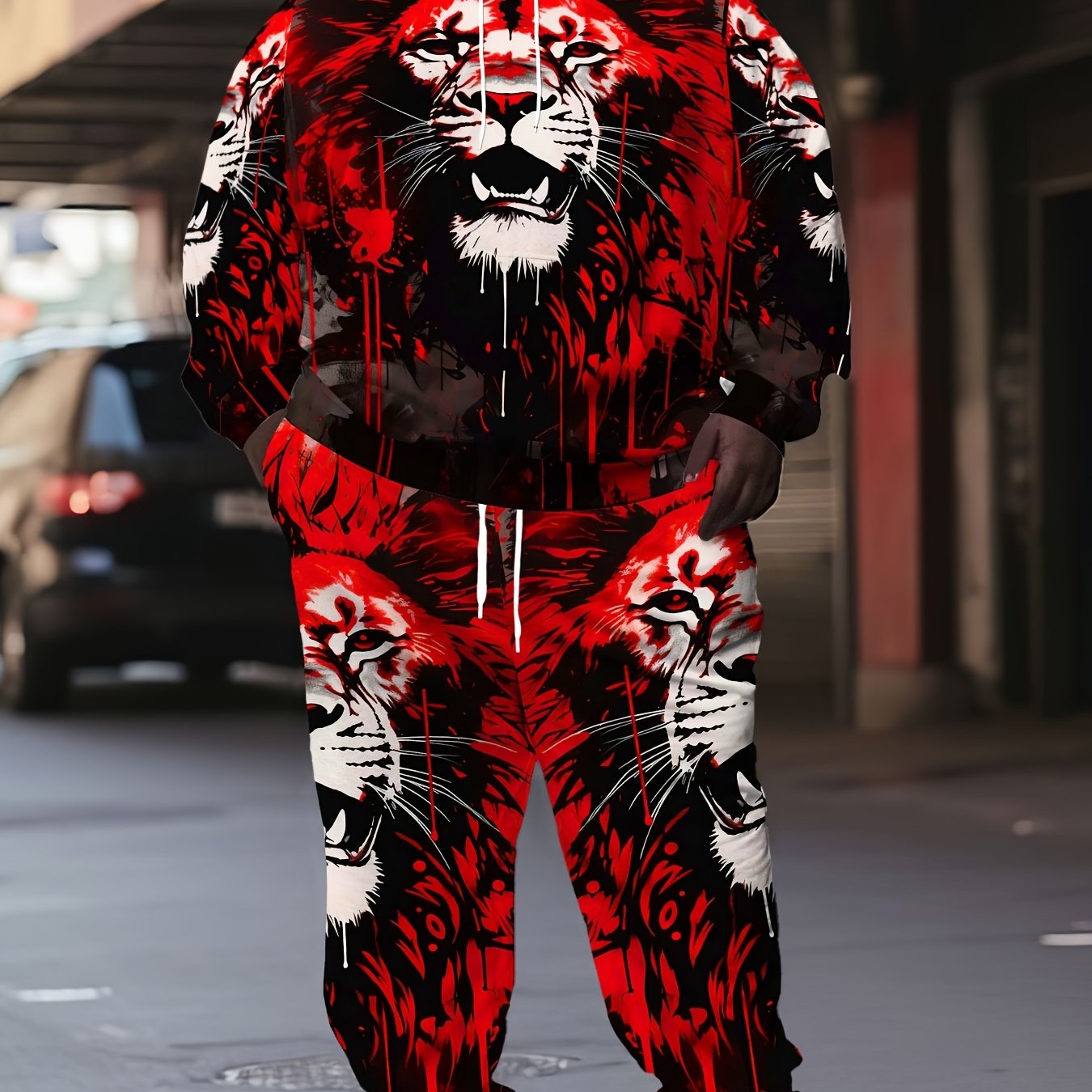 Divine Power Lion Print Hooded Sweatshirt And Joggers Set
