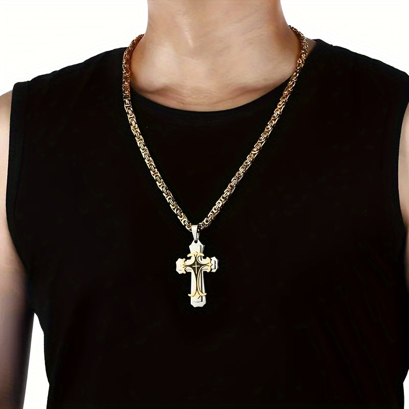 Men's Retro Cross Pendant Necklace and Simple Bracelet Set