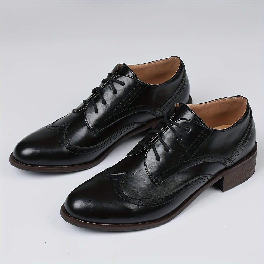 British Style Pointed Toe Lace Up Brogue Pumps Mixed Colors Patchwork Block Chunky Heels Women's Flat Oxford Shoes for Casual Party Office