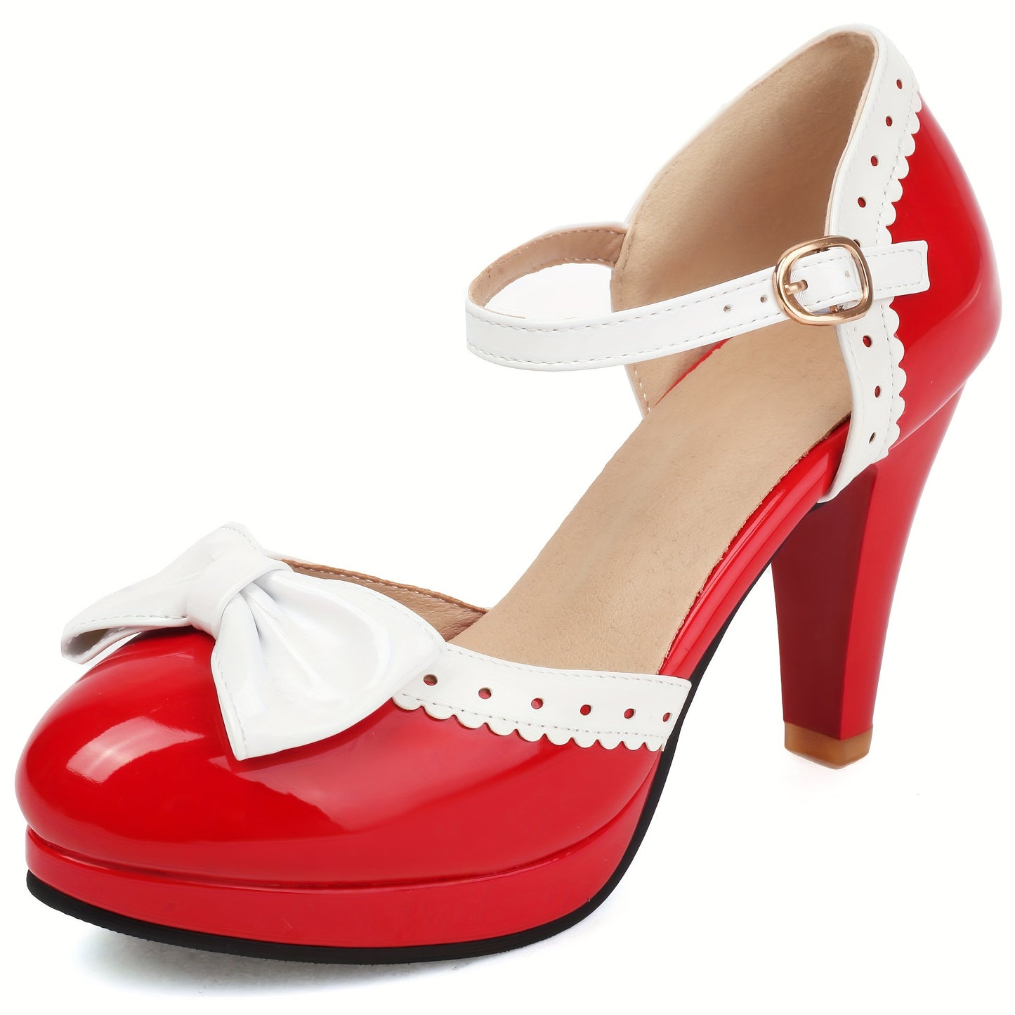 Red Mary Jane High Heels with Elegant White Bow