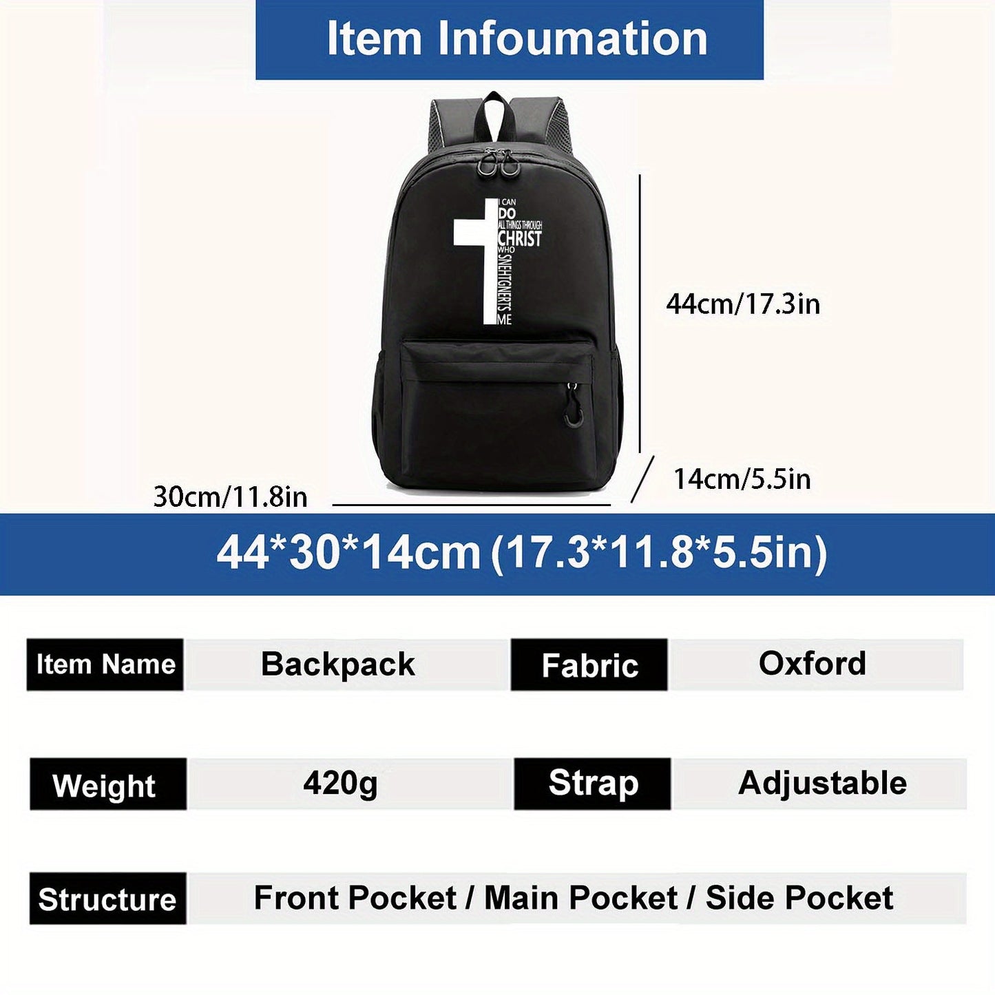 Christian Faith Backpack Lightweight Laptop Bag Cross Print