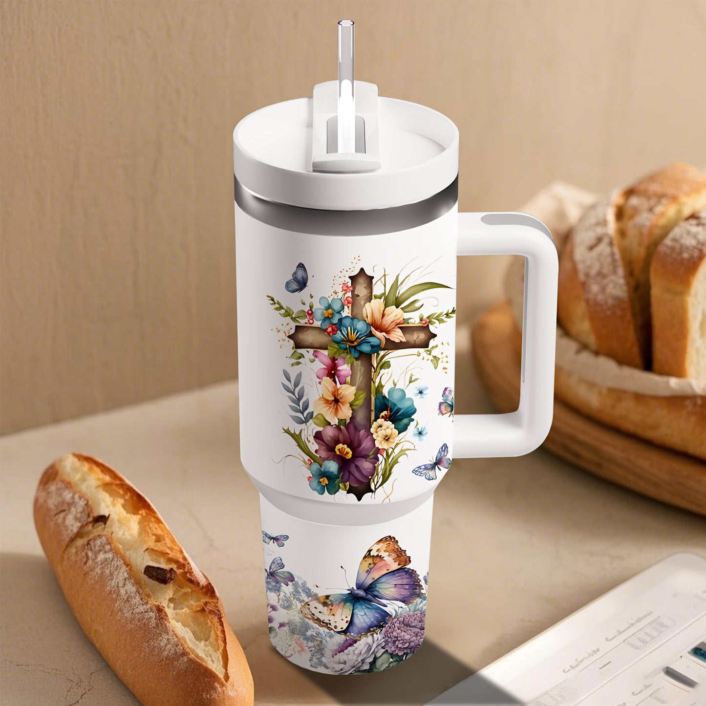 40oz Stainless Steel Insulated Coffee Cup with Lid & Straw - "Faith Doesn't Make Things Easy..."