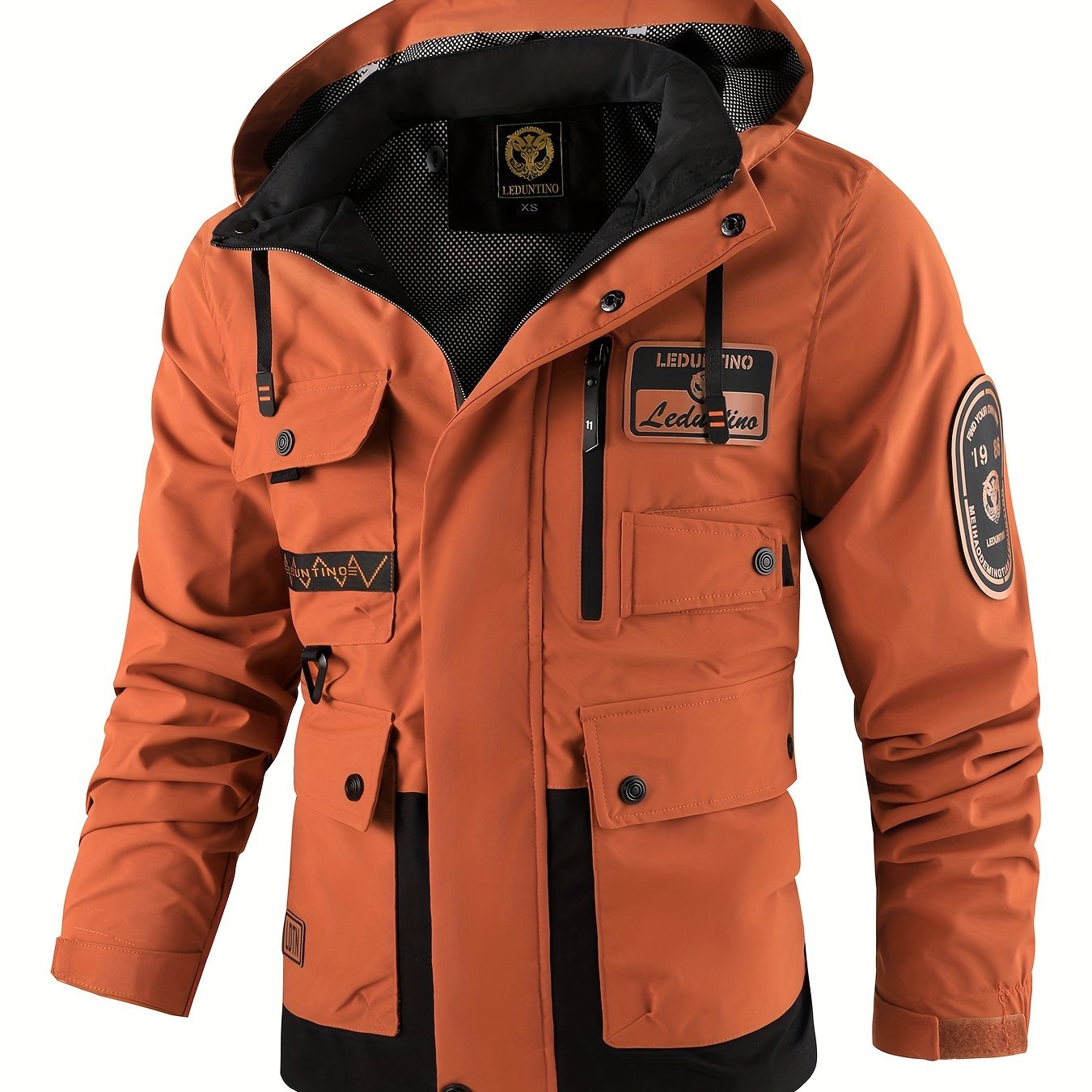 LEDUNTINO Mens Stand Collar Hooded Multi Pocket Jacket