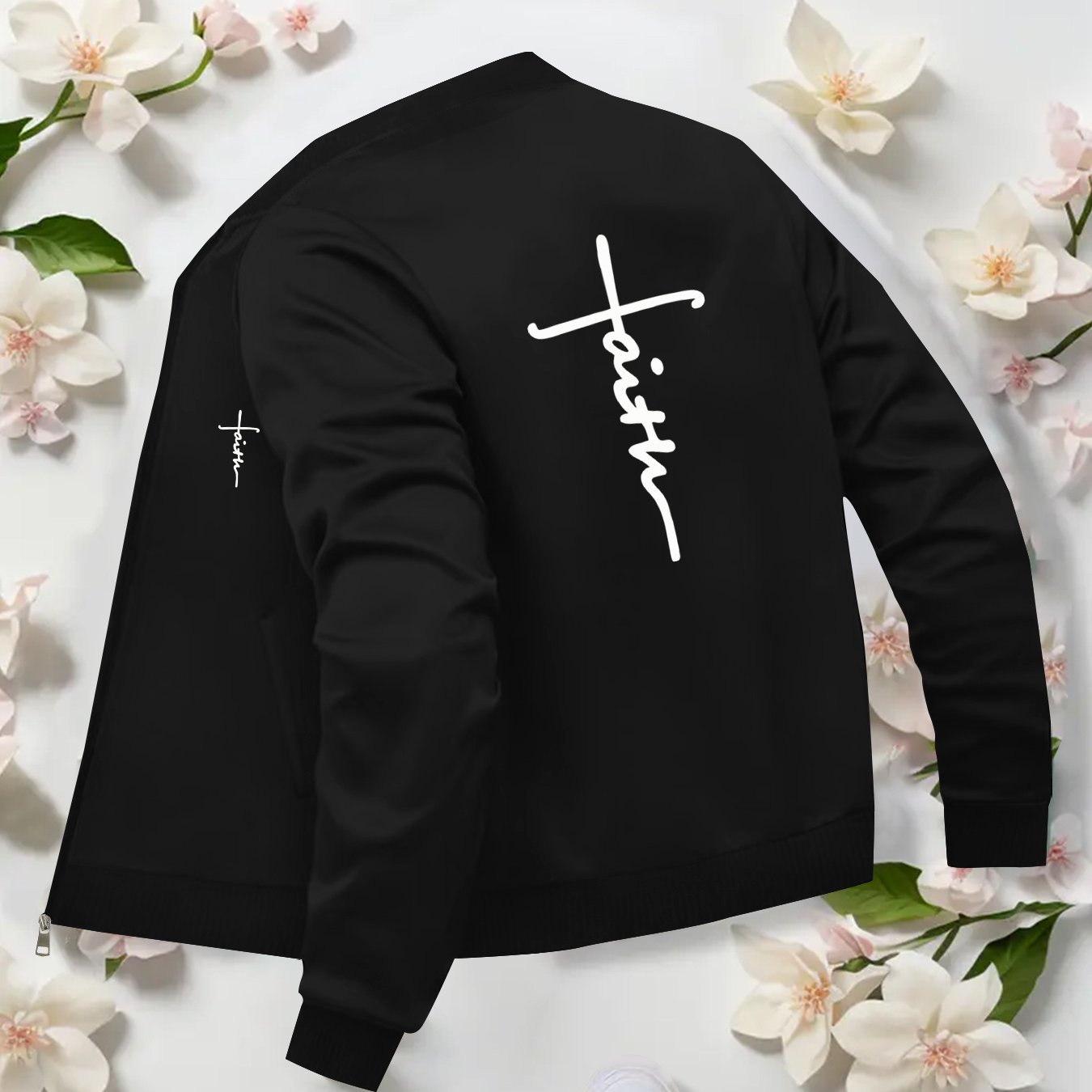 Trendy Women Bomber Jacket Faith Print Geometric Zipup