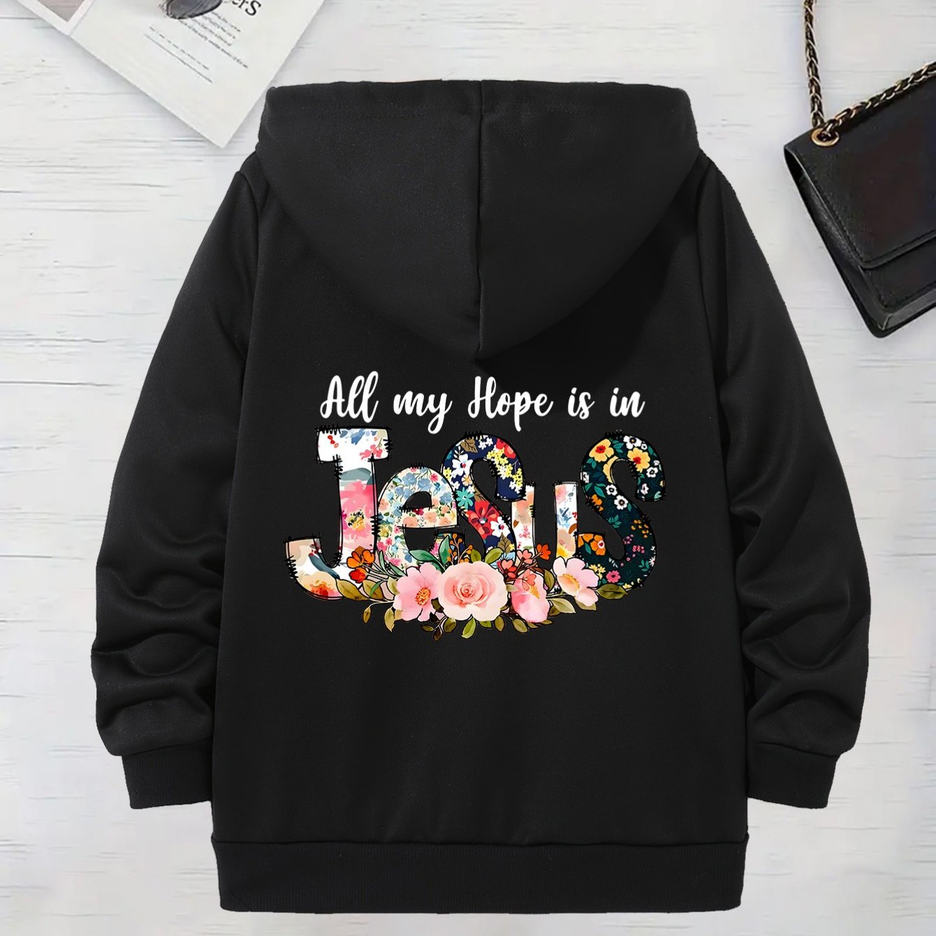 Long Sleeve Hooded Zip Up Sweatshirt With Jesus Print