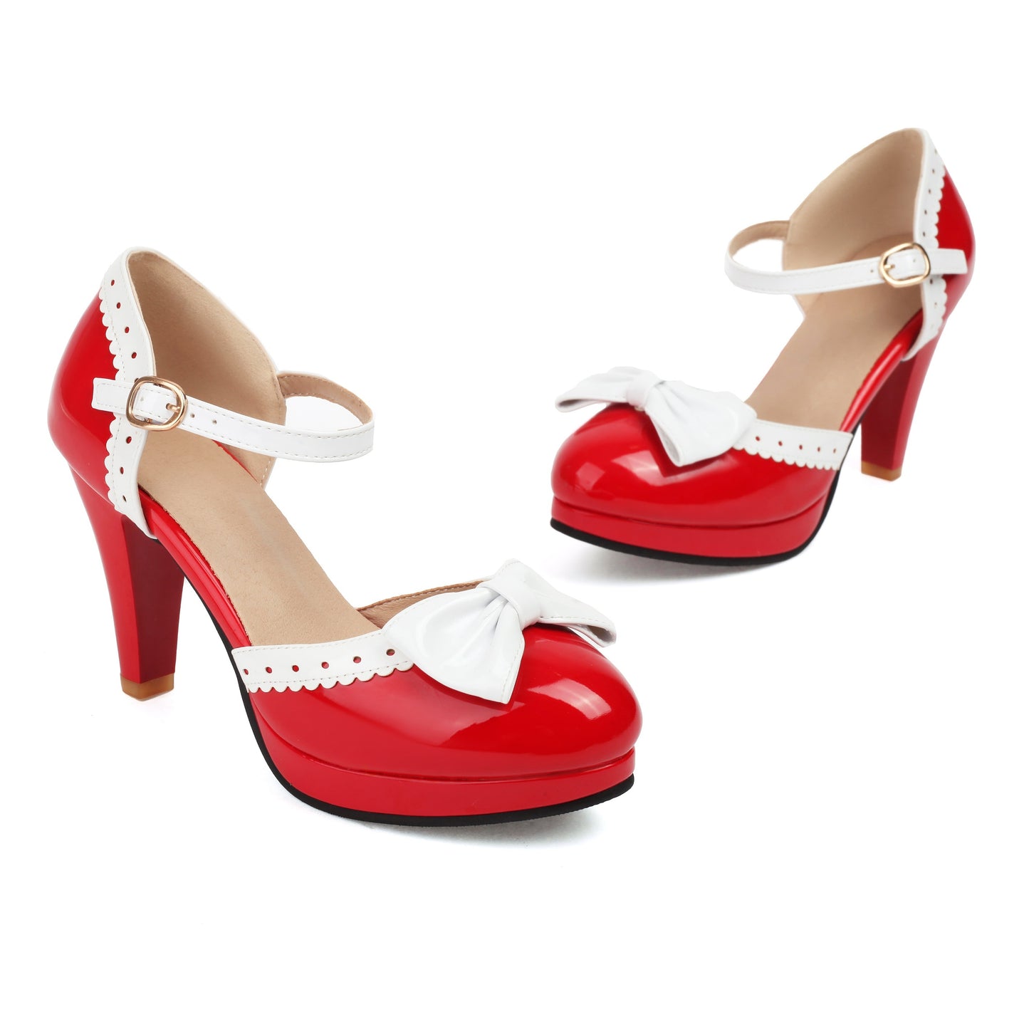 Red Mary Jane High Heels with Elegant White Bow