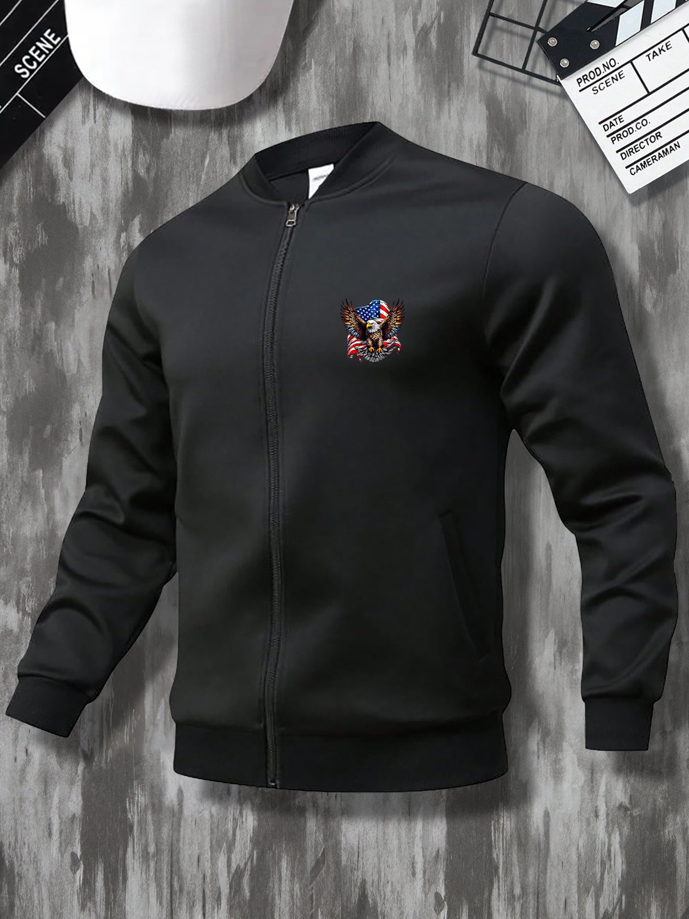 Casual Stand Collar Zippered Eagle Flag Emblem Print Jacket