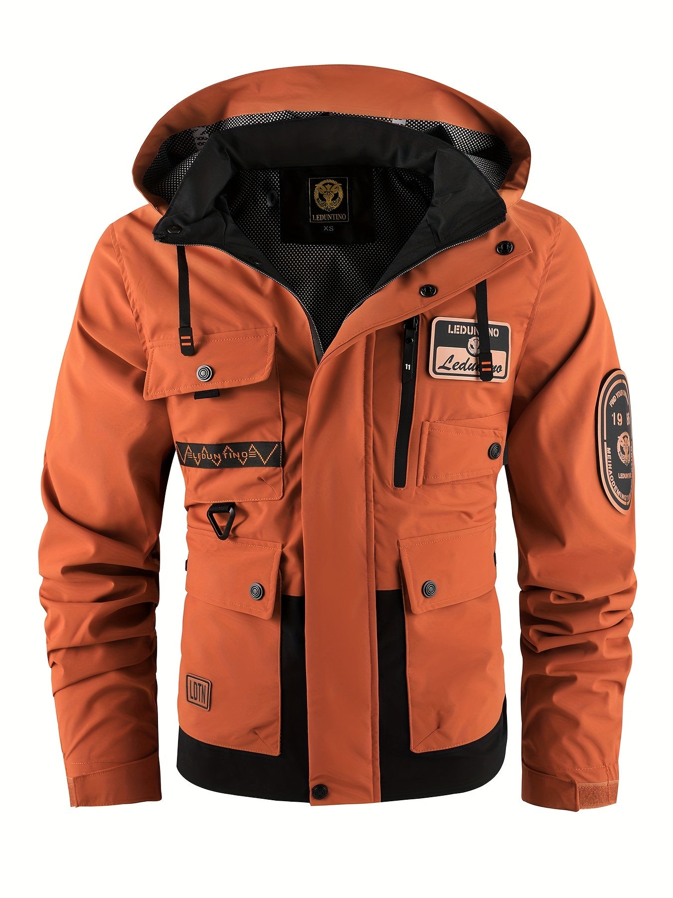 LEDUNTINO Mens Stand Collar Hooded Multi Pocket Jacket