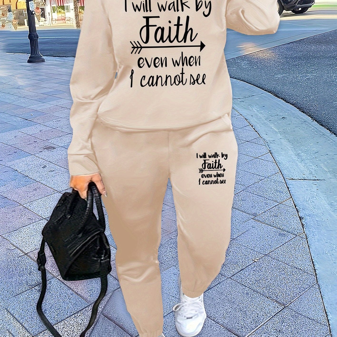 Faith Sweatshirt For Women Beige Polyester Graphic Long Sleeve Round Neck I Will Walk By Faith Streetwear