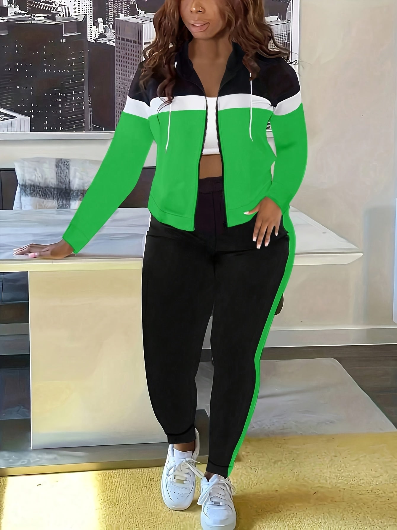 Women's Casual Striped Hooded Jacket And Pants Track Suit