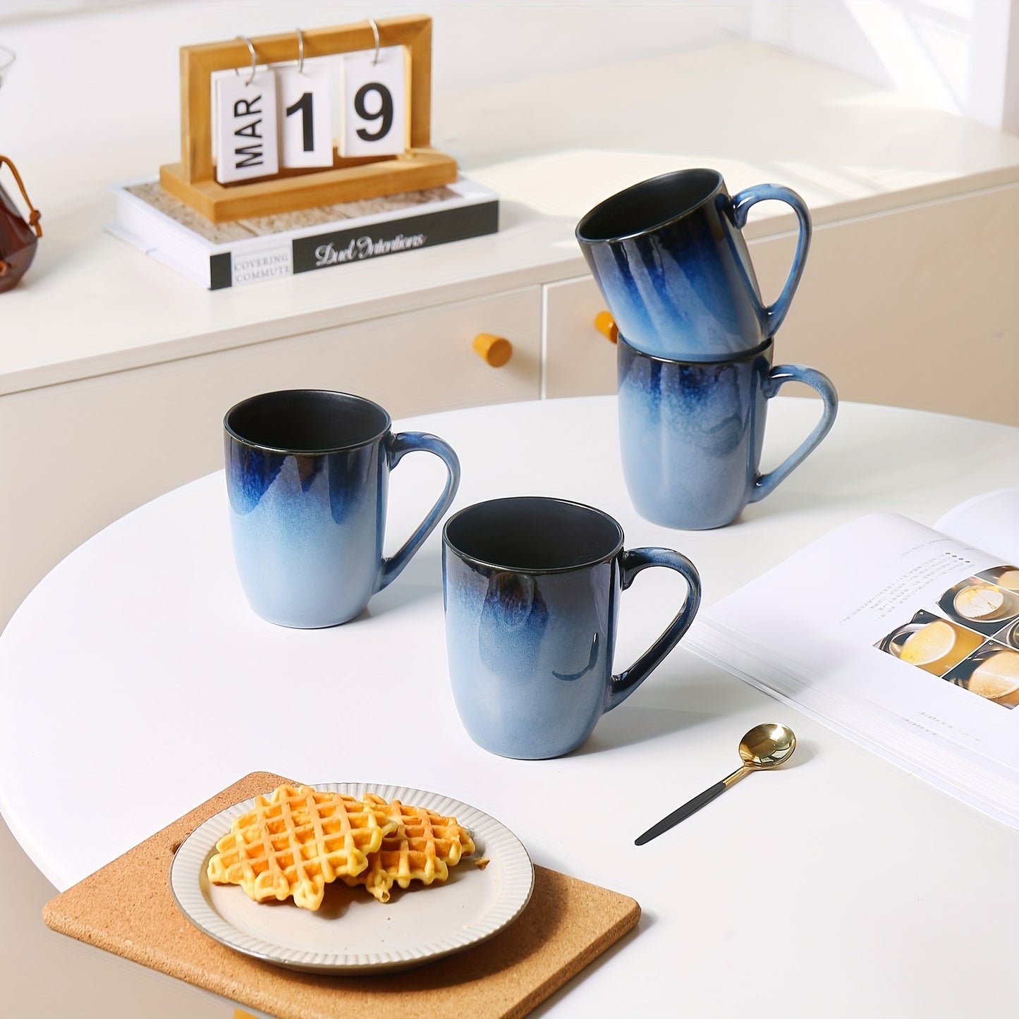 6pcs Set of Blue Ceramic Mugs 14oz, Durable, Stain Resistant, Elegant And Unique Ceramic Mugs