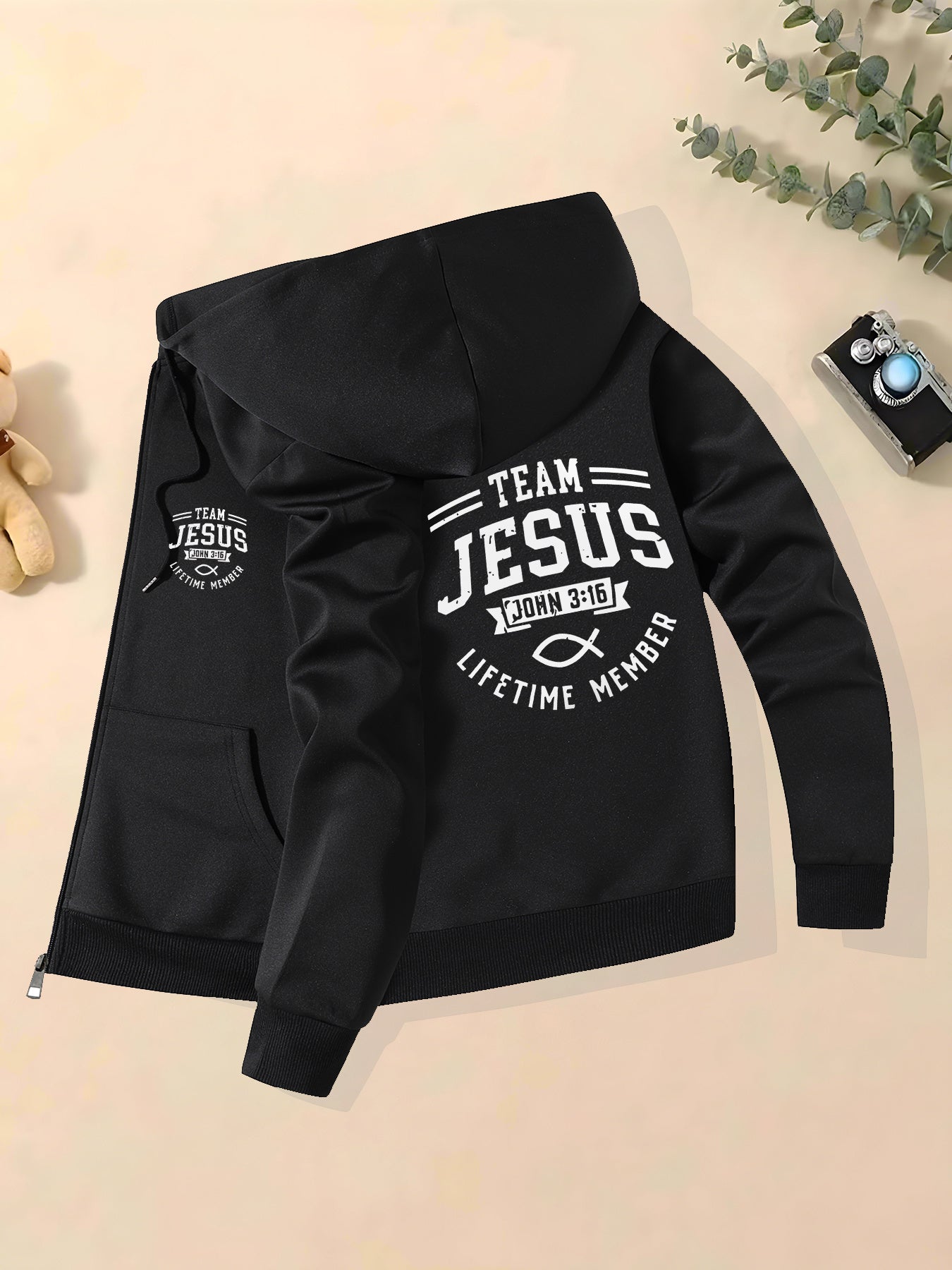 Mens Casual Hooded Polyester Jacket With Jesus Print