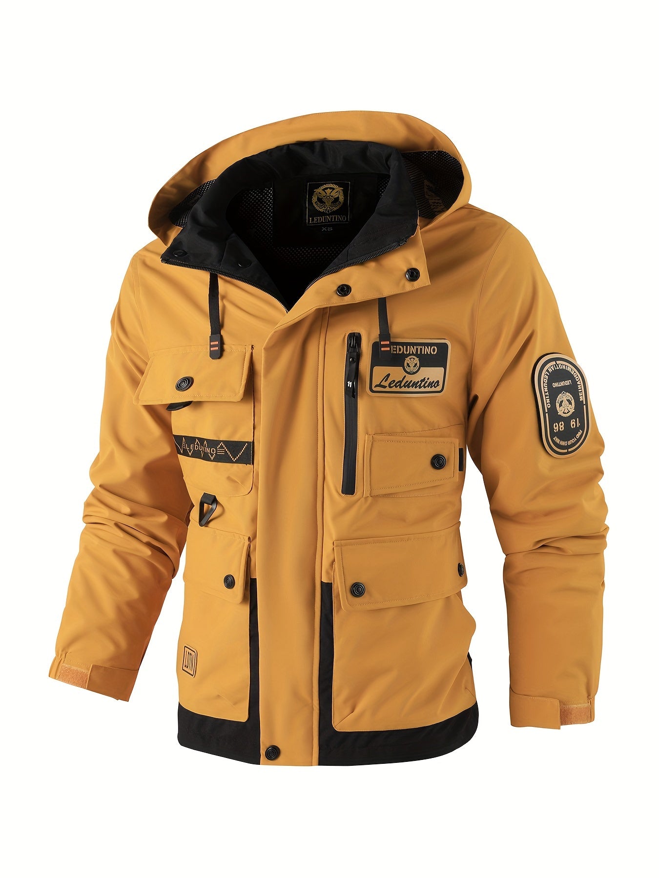 LEDUNTINO Mens Stand Collar Hooded Multi Pocket Jacket