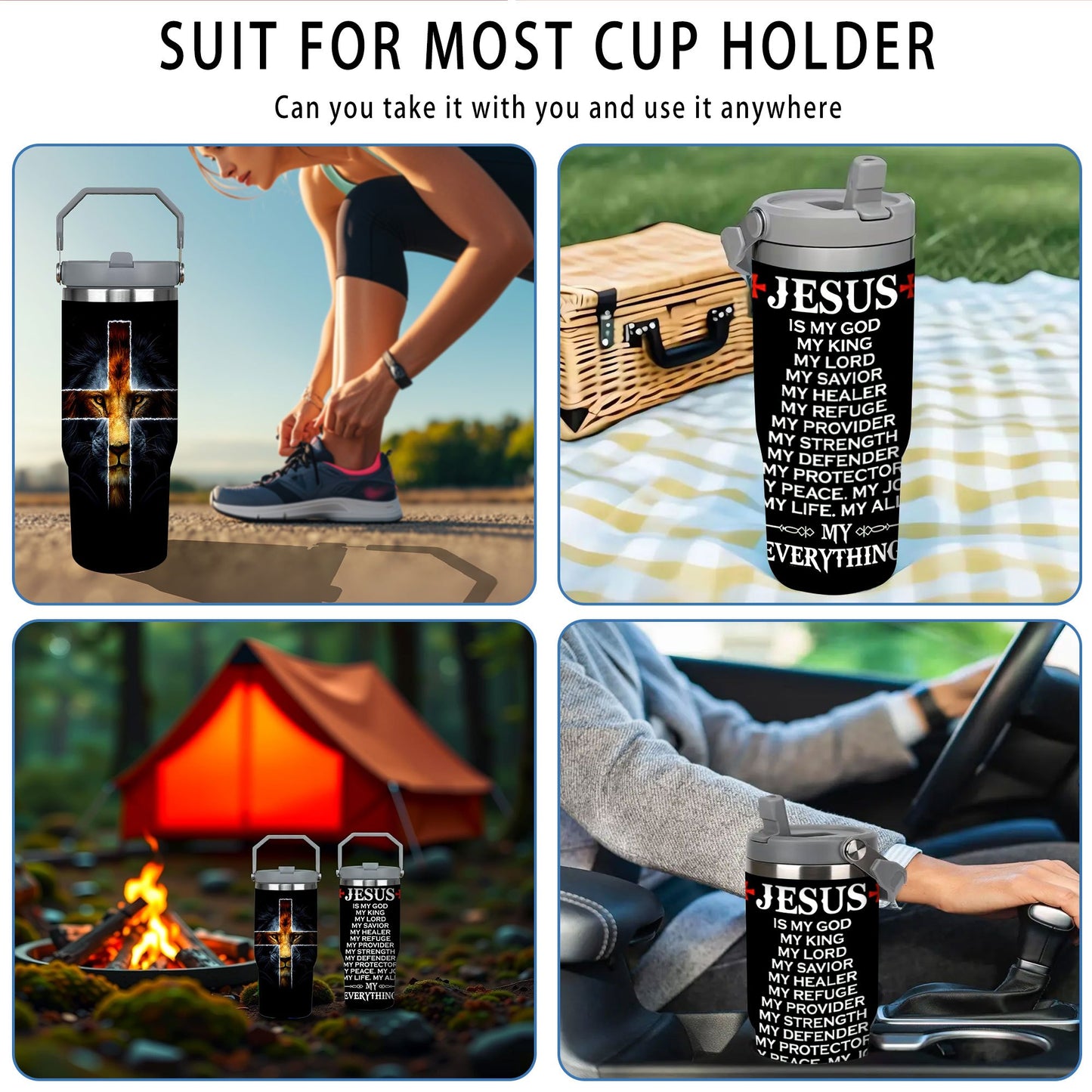30oz Jesus Lion Cross Tumbler, Insulated Travel Mug with Spill-Proof Lid
