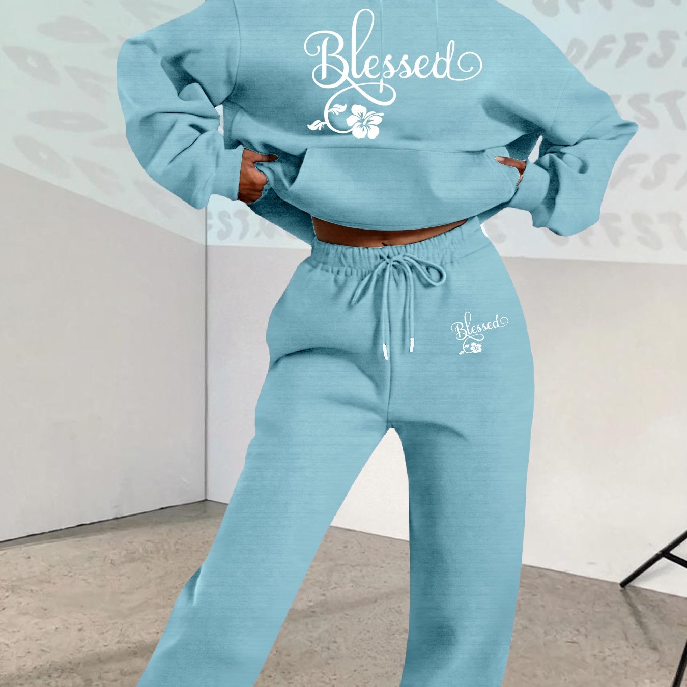 2025 Fall/Winter New Arrival, Creative Letter Graphic: Blessing Flower Sweatshirt Set with Casual Print Loose Warm Long-Sleeve Hooded Pullover and Elastic Drawstring Waist Pants Two-Piece Outfit