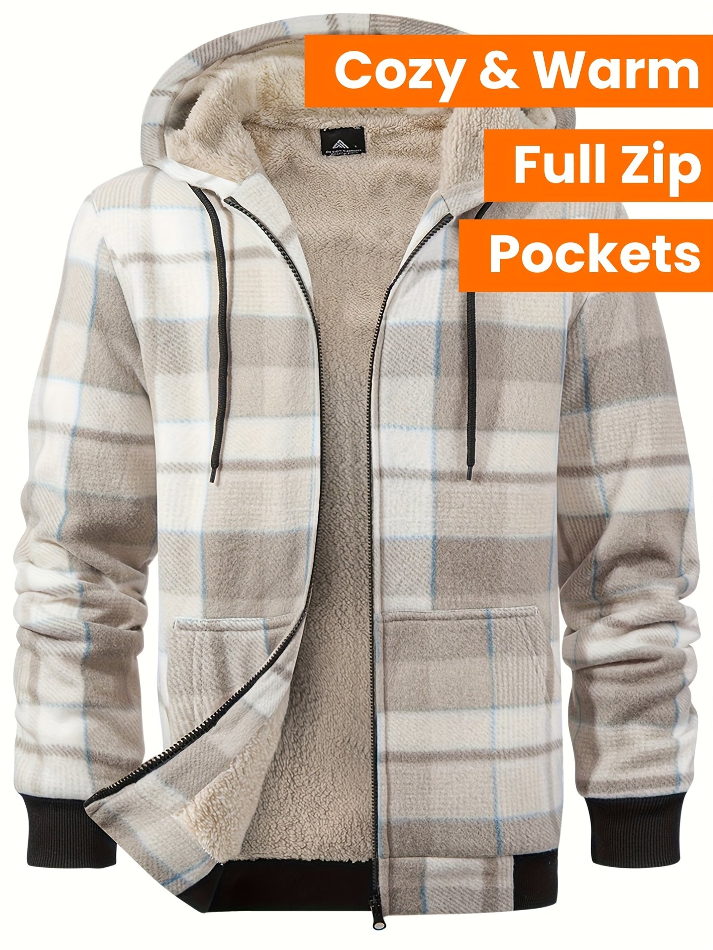 Divine Power Mens Plaid Fleece Hooded Jacket With Zipper