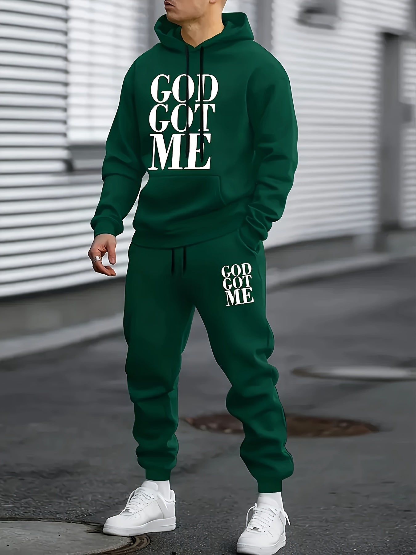 Men's Casual Polyester Hoodie and Sweatpants with God Got Me Print