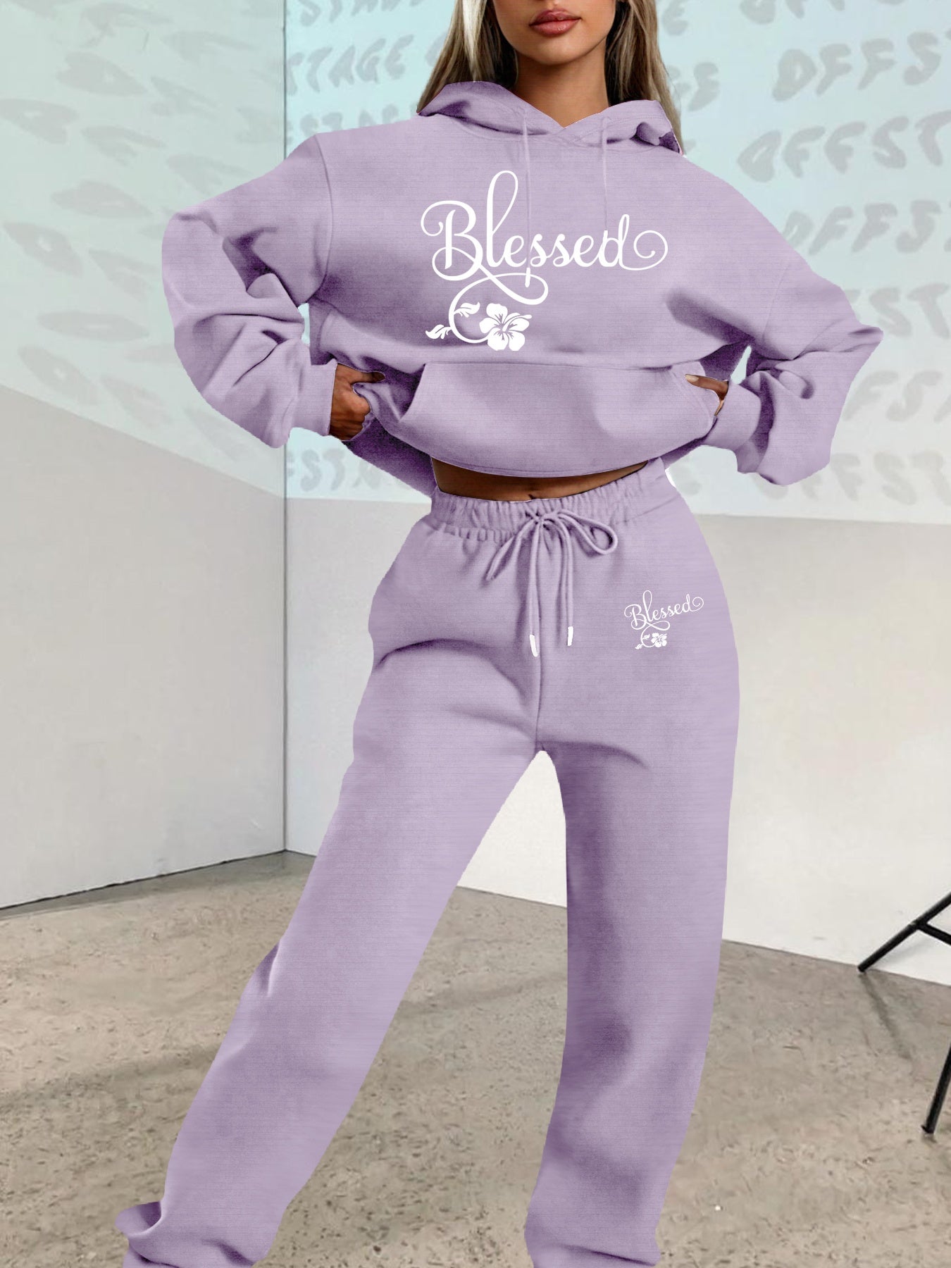 2025 Fall/Winter New Arrival, Creative Letter Graphic: Blessing Flower Sweatshirt Set with Casual Print Loose Warm Long-Sleeve Hooded Pullover and Elastic Drawstring Waist Pants Two-Piece Outfit